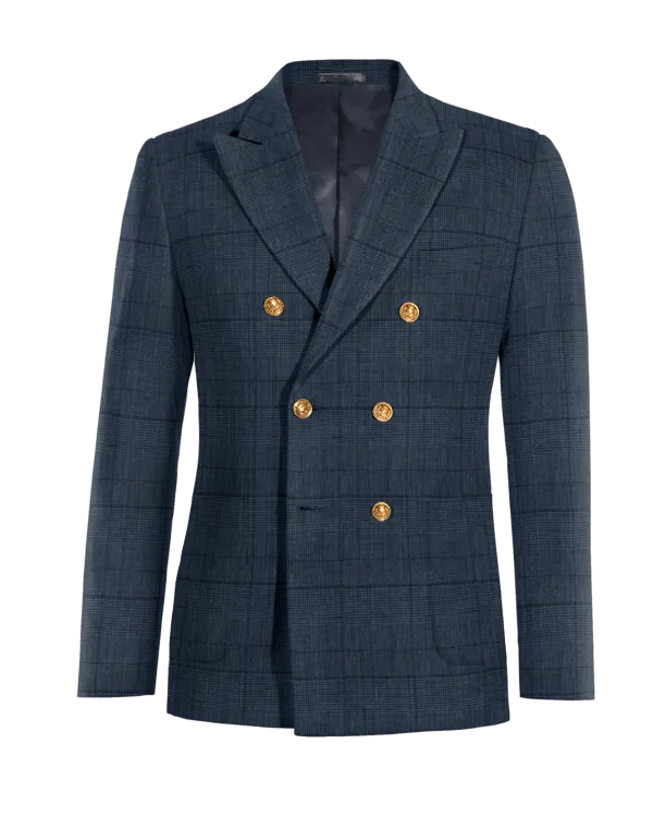 Blue prince of wales lightweight linen double-breasted Jacket