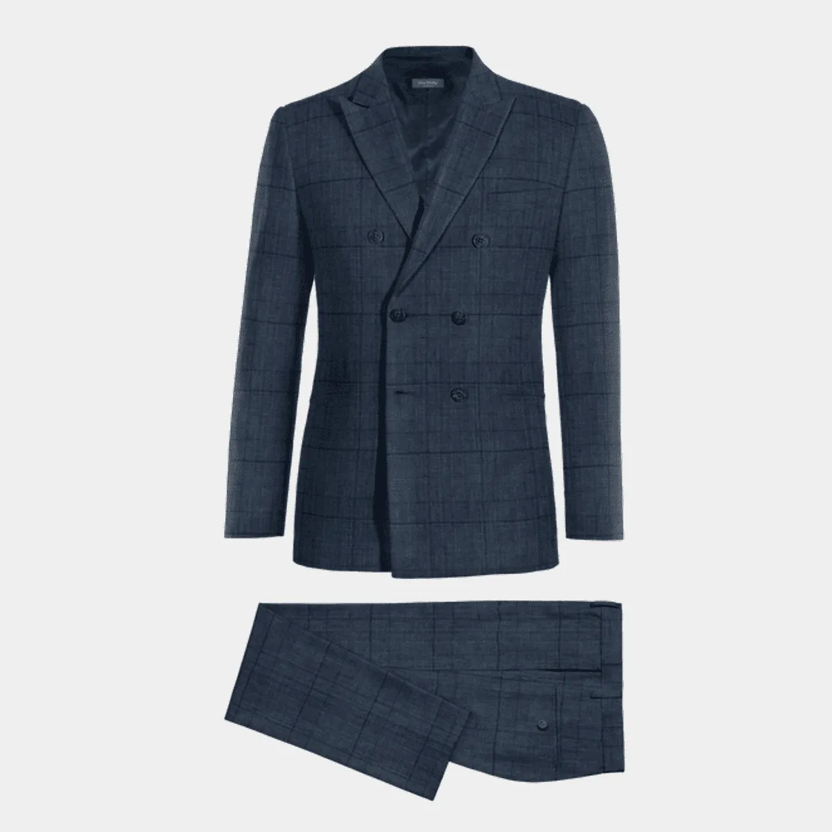 Blue prince of wales lightweight linen double breasted Vested Suit