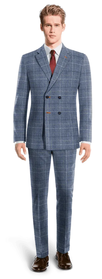 Blue prince of wales tweed double breasted Three piece Suit