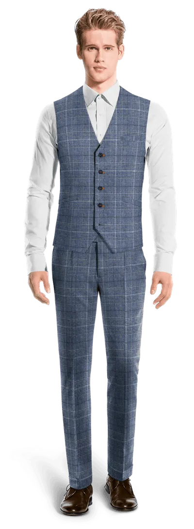 Blue prince of wales tweed double breasted Three piece Suit