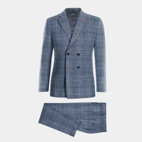 Blue prince of wales tweed double breasted Three piece Suit