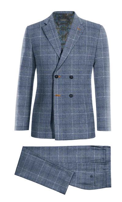 Blue prince of wales tweed double breasted Three piece Suit