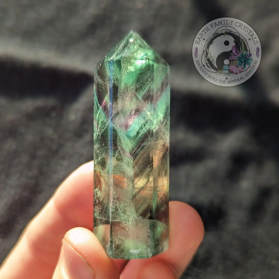 Bright Green~ Rainbow Fluorite Polished Point Mini Tower Carving