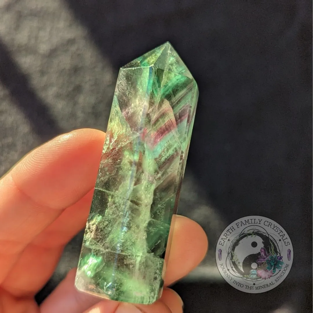 Bright Green~ Rainbow Fluorite Polished Point Mini Tower Carving