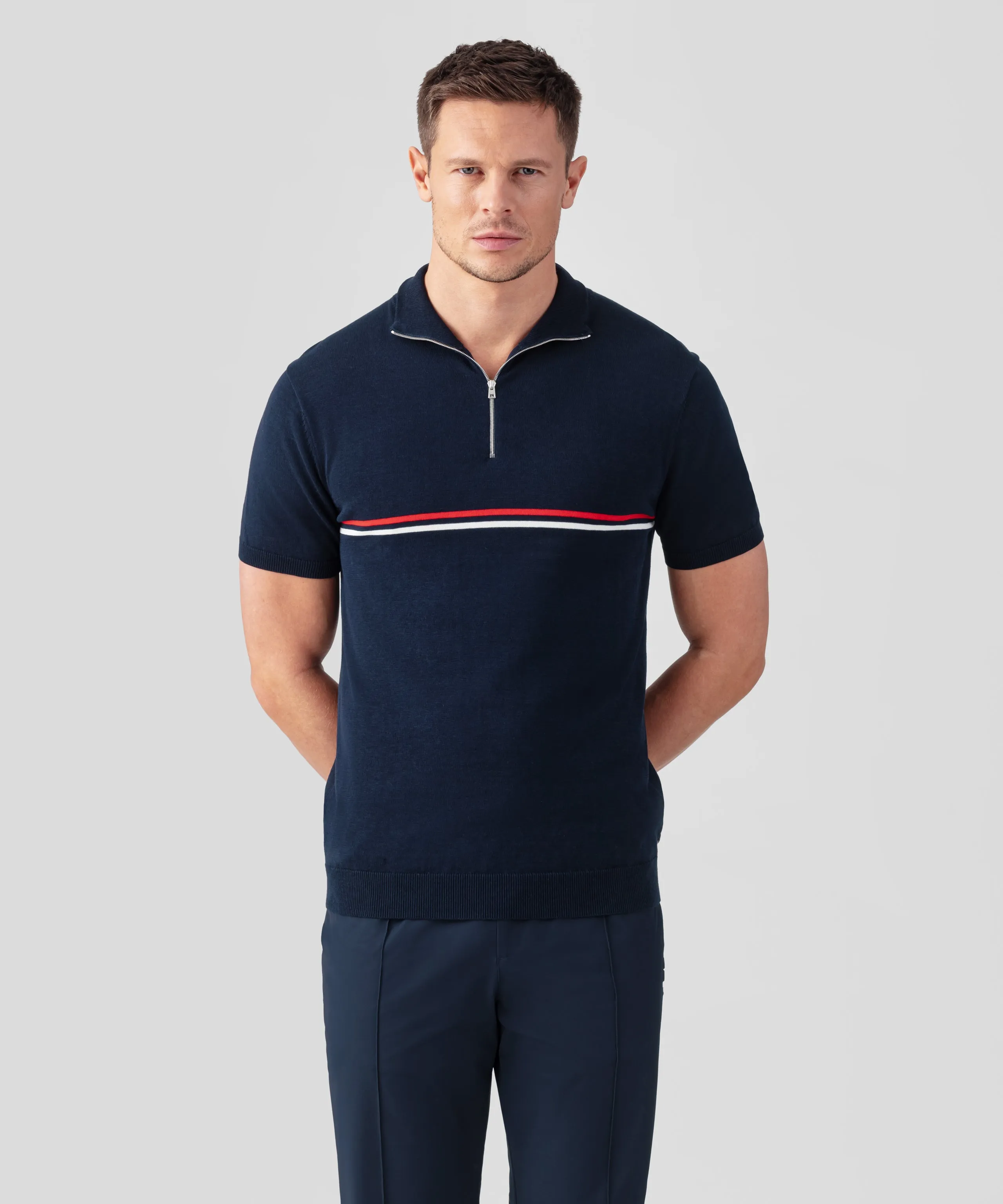 Cotton-Silk RD Polo w. Chest Stripes: Navy