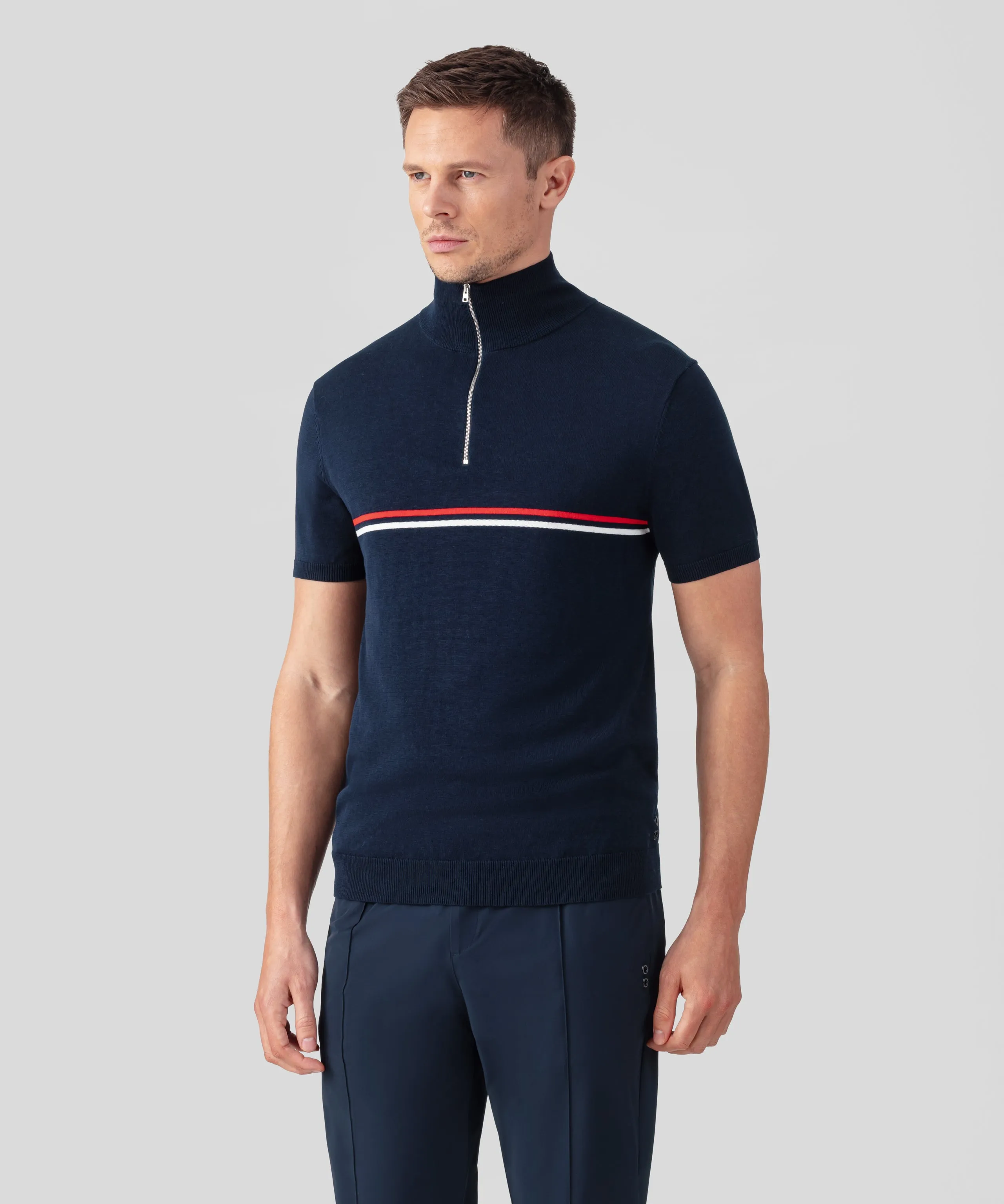 Cotton-Silk RD Polo w. Chest Stripes: Navy