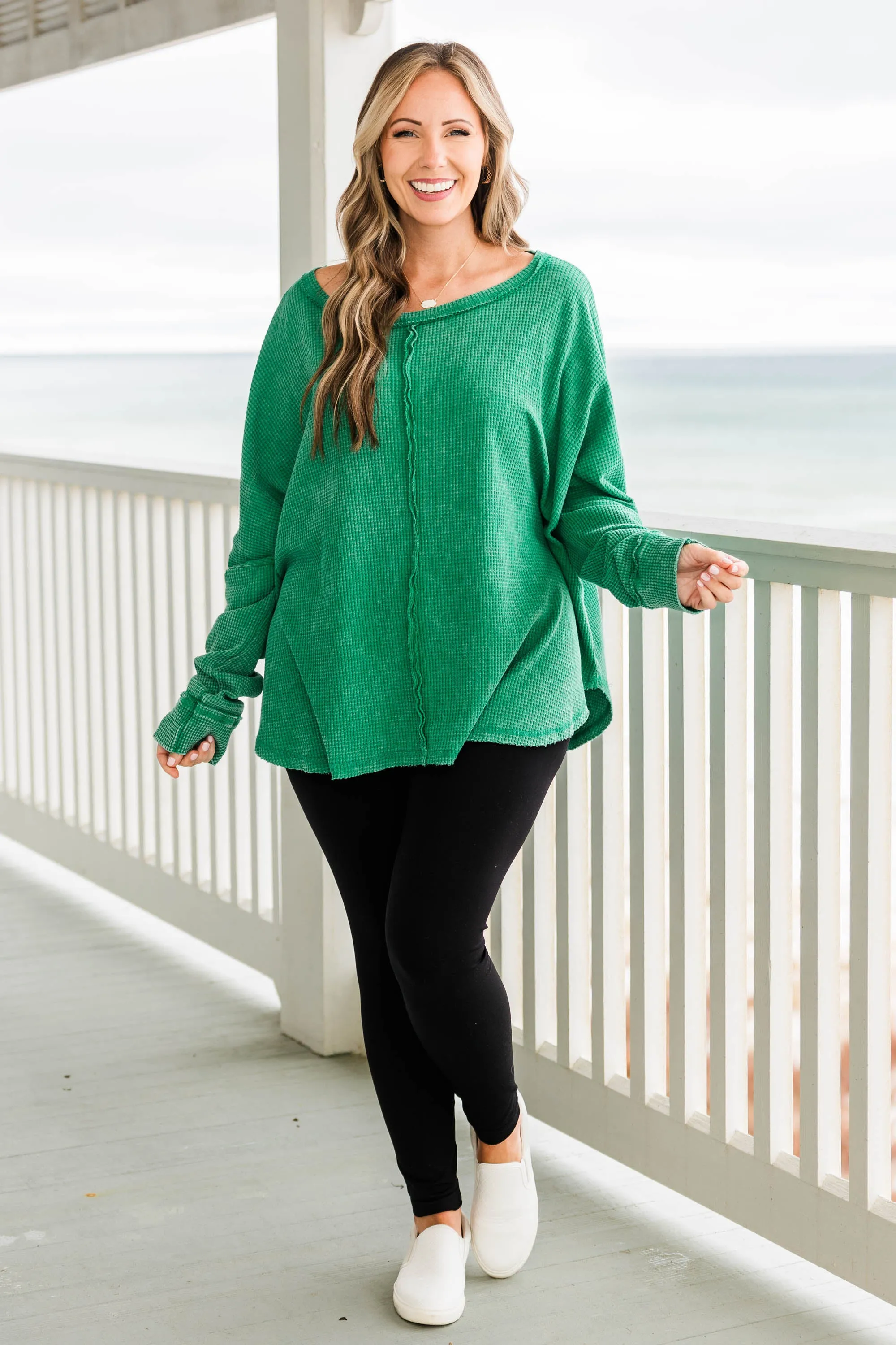 Cozy Waffle Pullover, Kelly Green