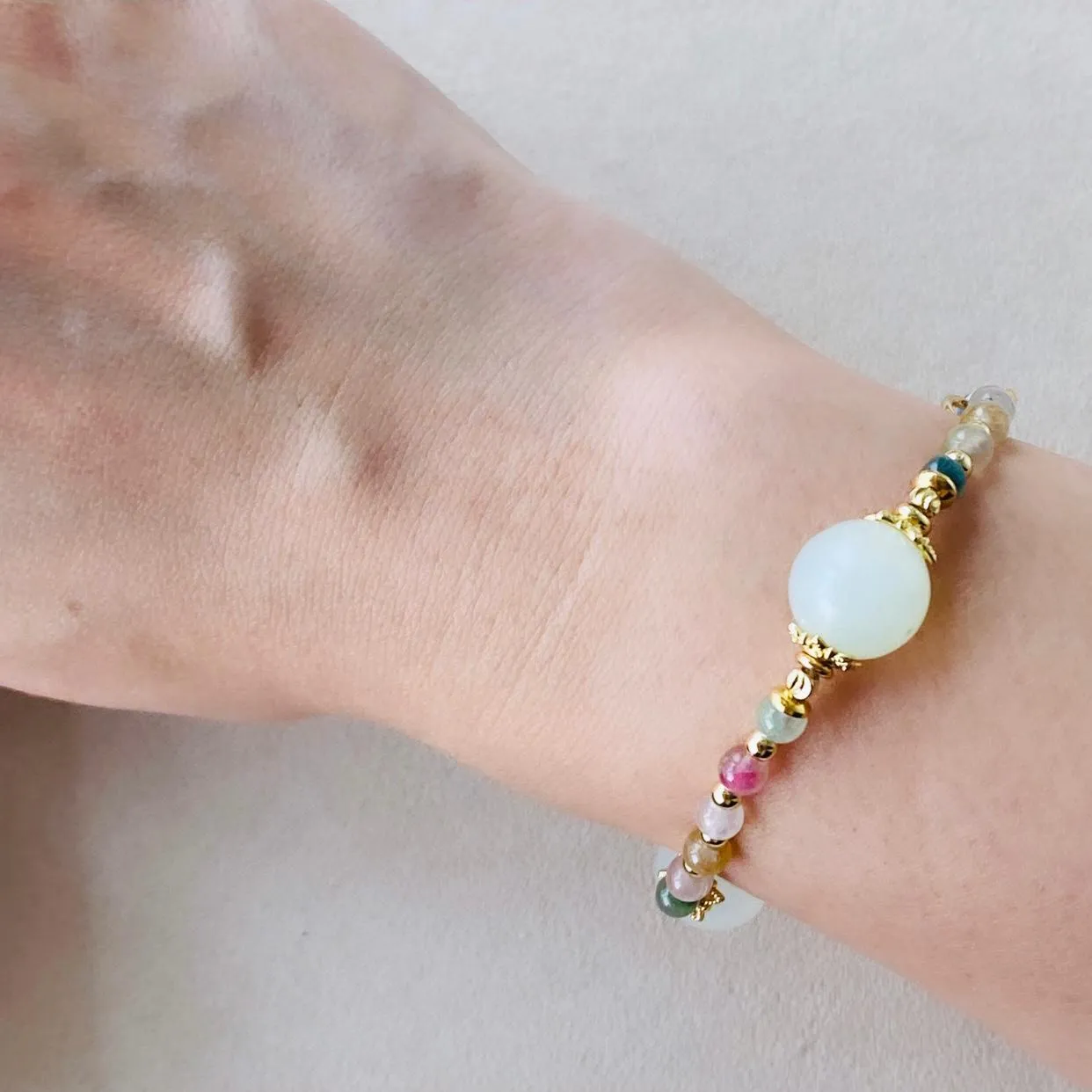 Delicate Rainbow Tourmaline & Green Calcite Bracelet