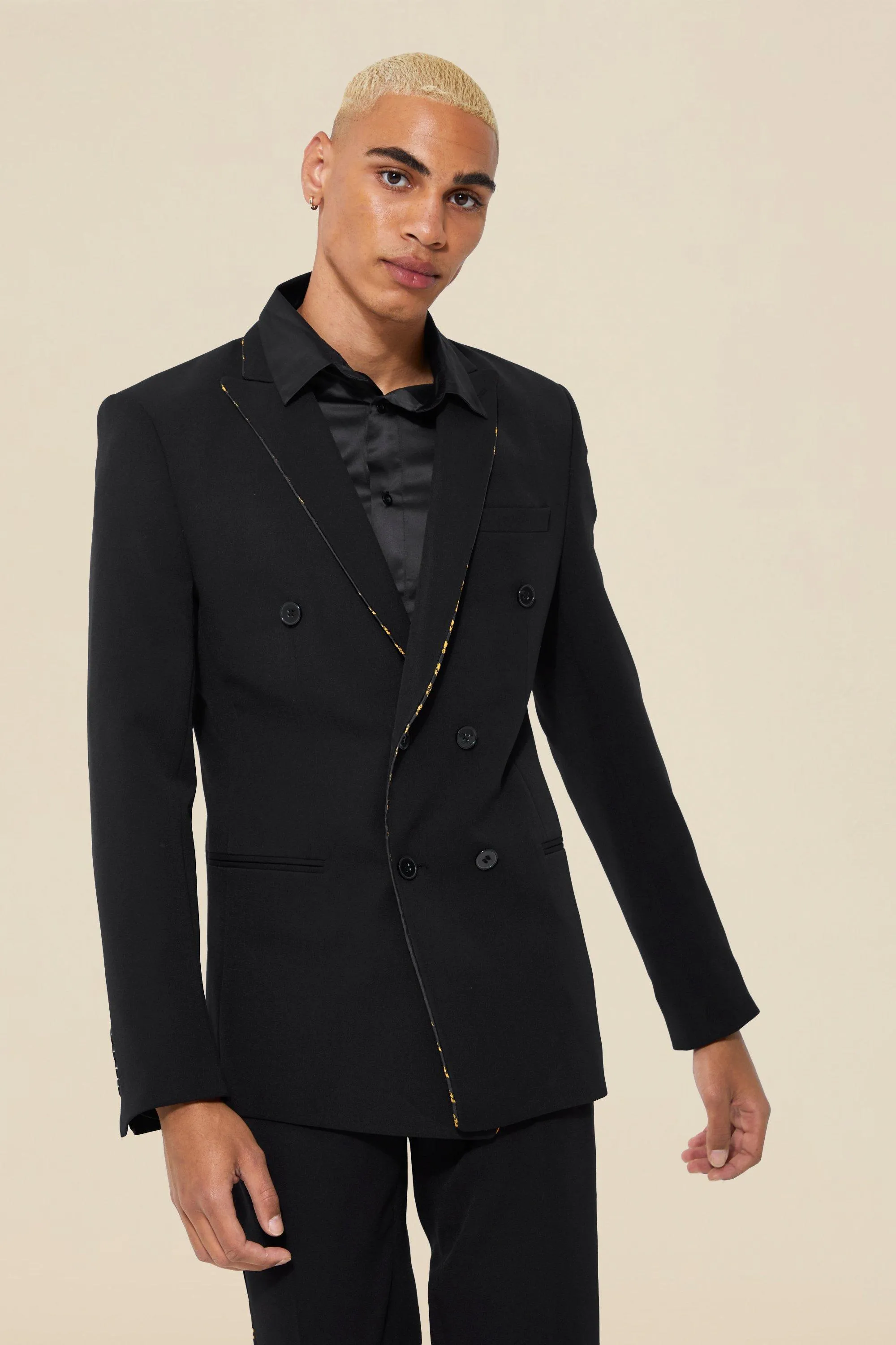 Double Breasted Skinny Piped Suit Jacket