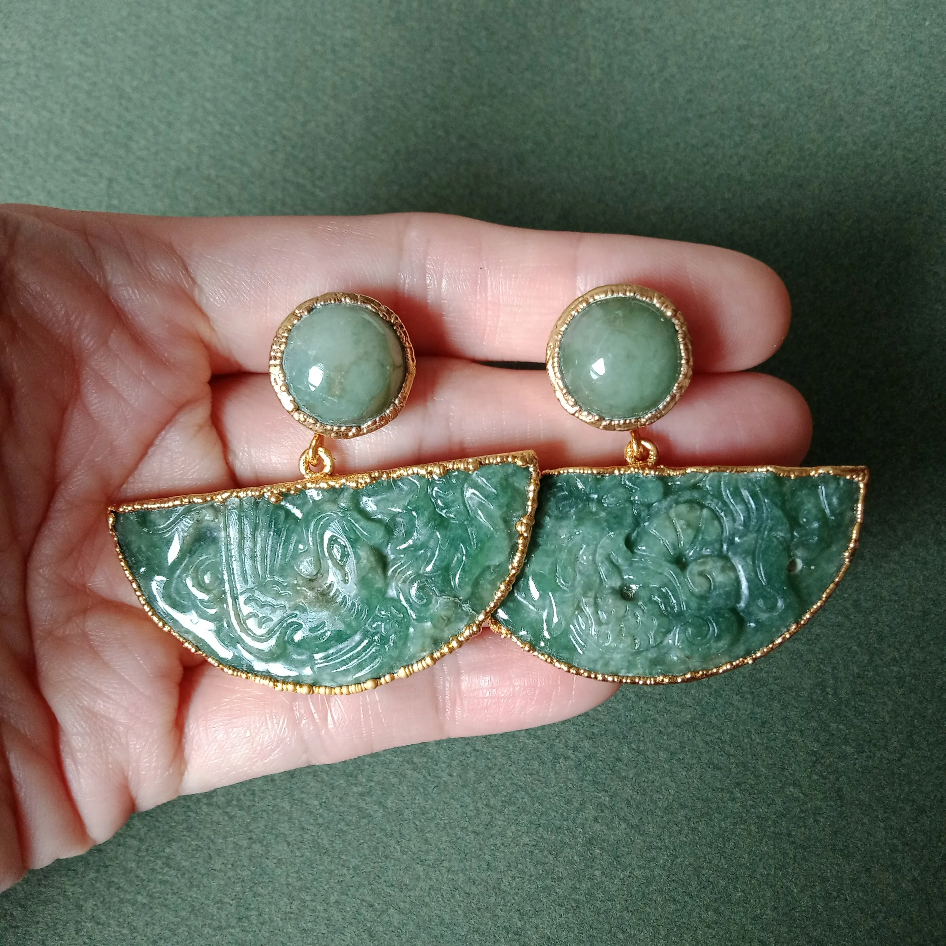 Dragon phoenix nephrite jade earrings