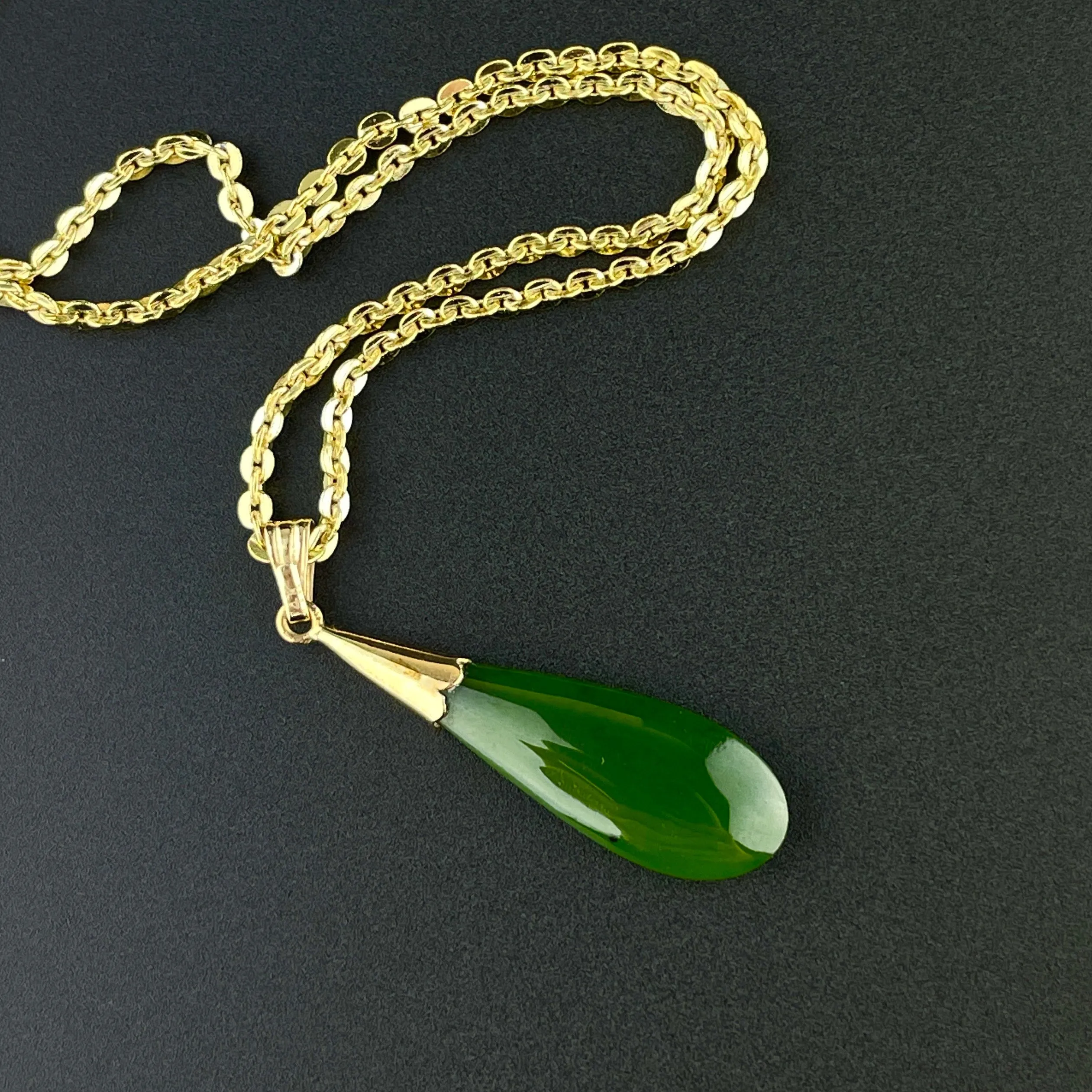 Edwardian 14K Gold Maori Pounamu New Zealand Jade Pendant Necklace