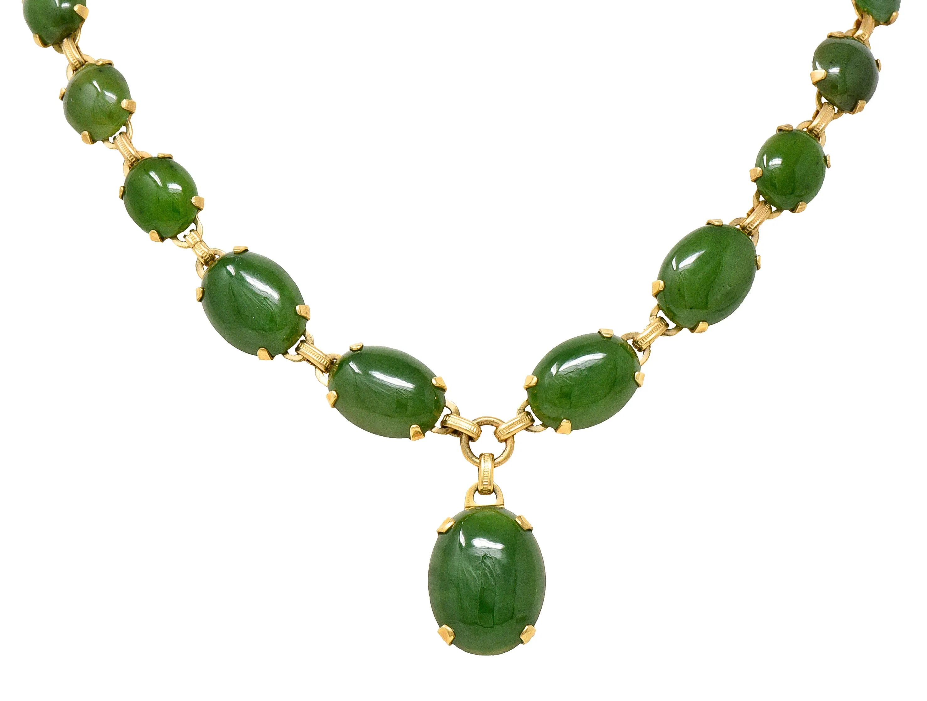 Engel Brothers Art Deco Nephrite Jade 14 Karat Yellow Gold Drop Necklace