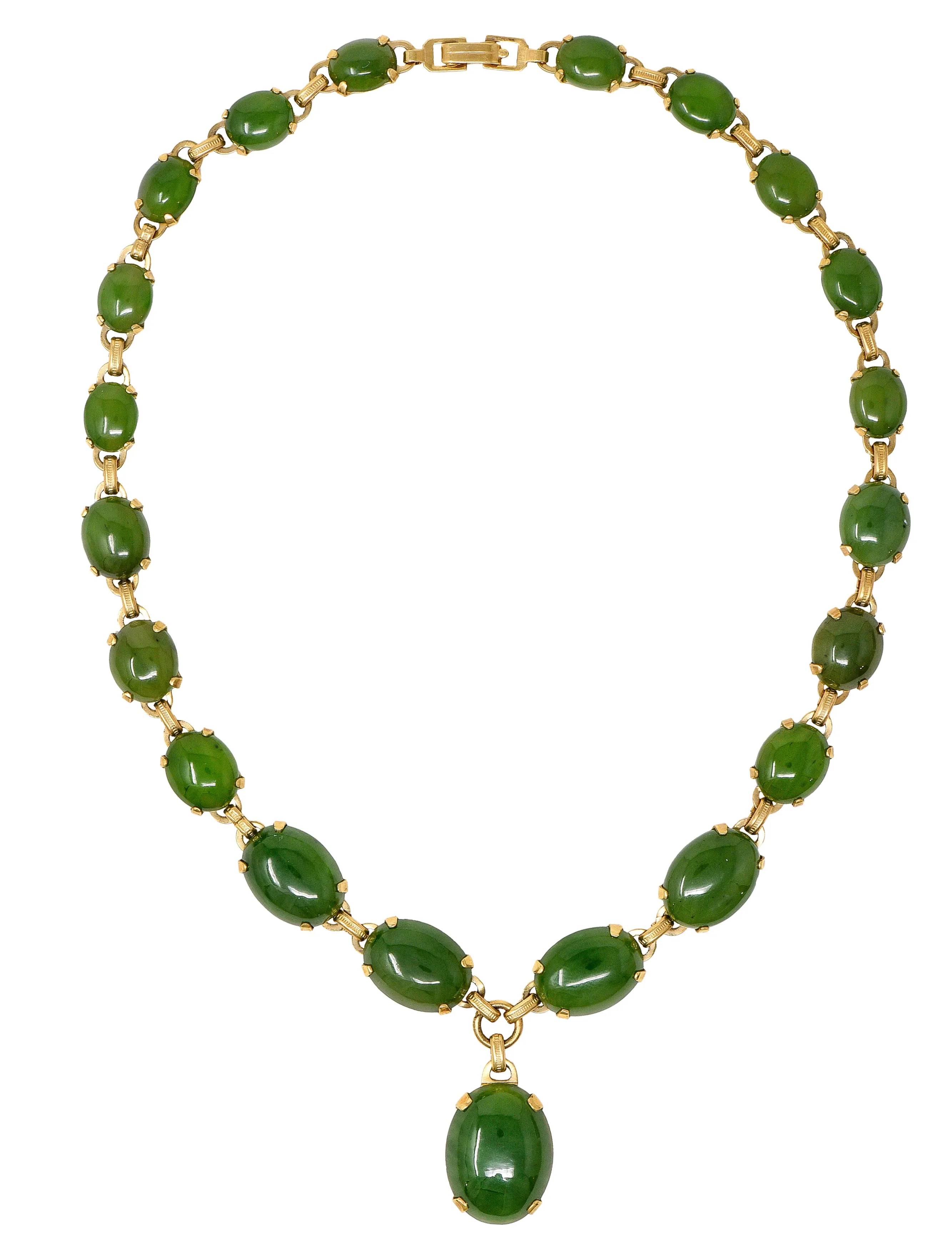 Engel Brothers Art Deco Nephrite Jade 14 Karat Yellow Gold Drop Necklace