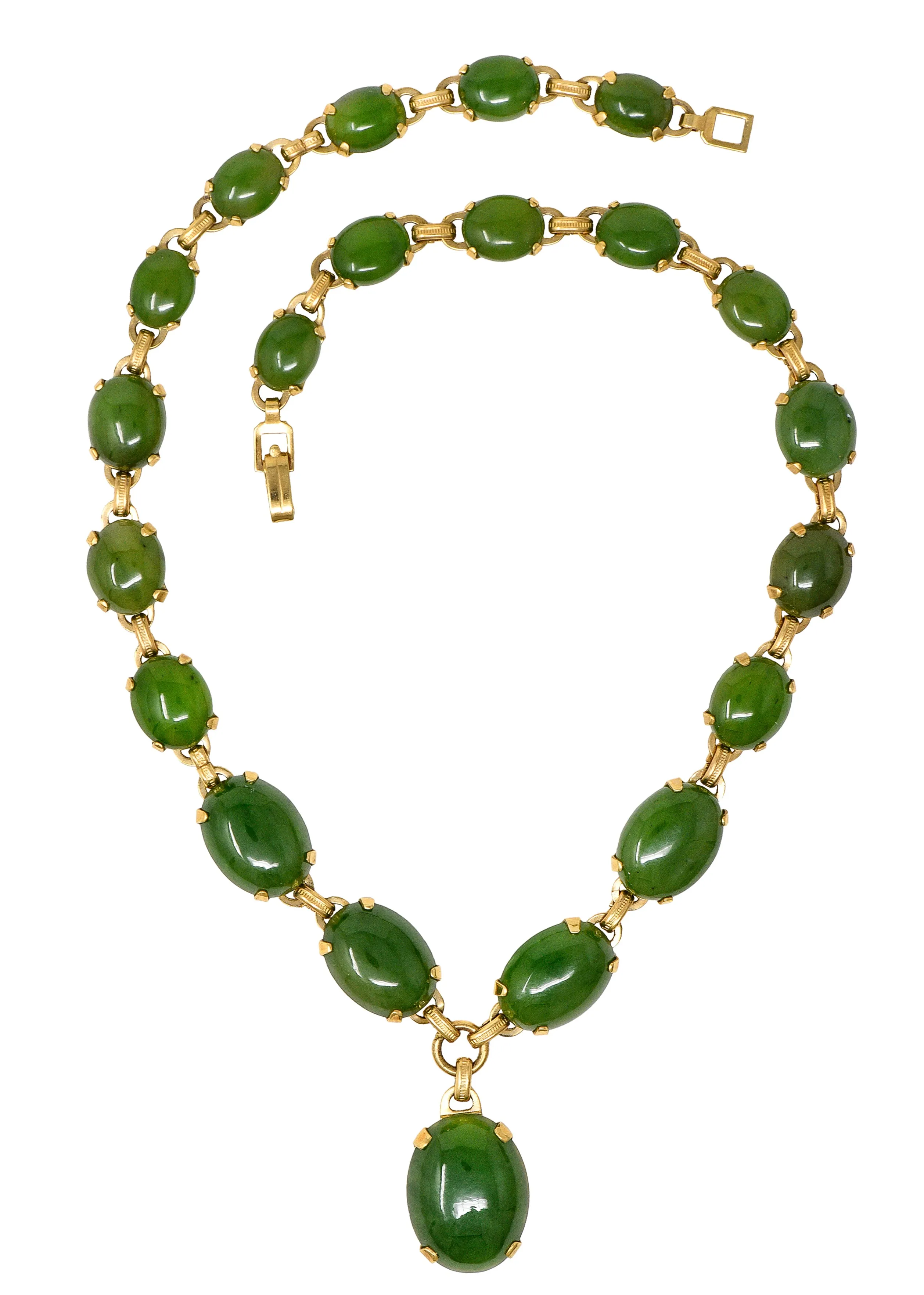 Engel Brothers Art Deco Nephrite Jade 14 Karat Yellow Gold Drop Necklace