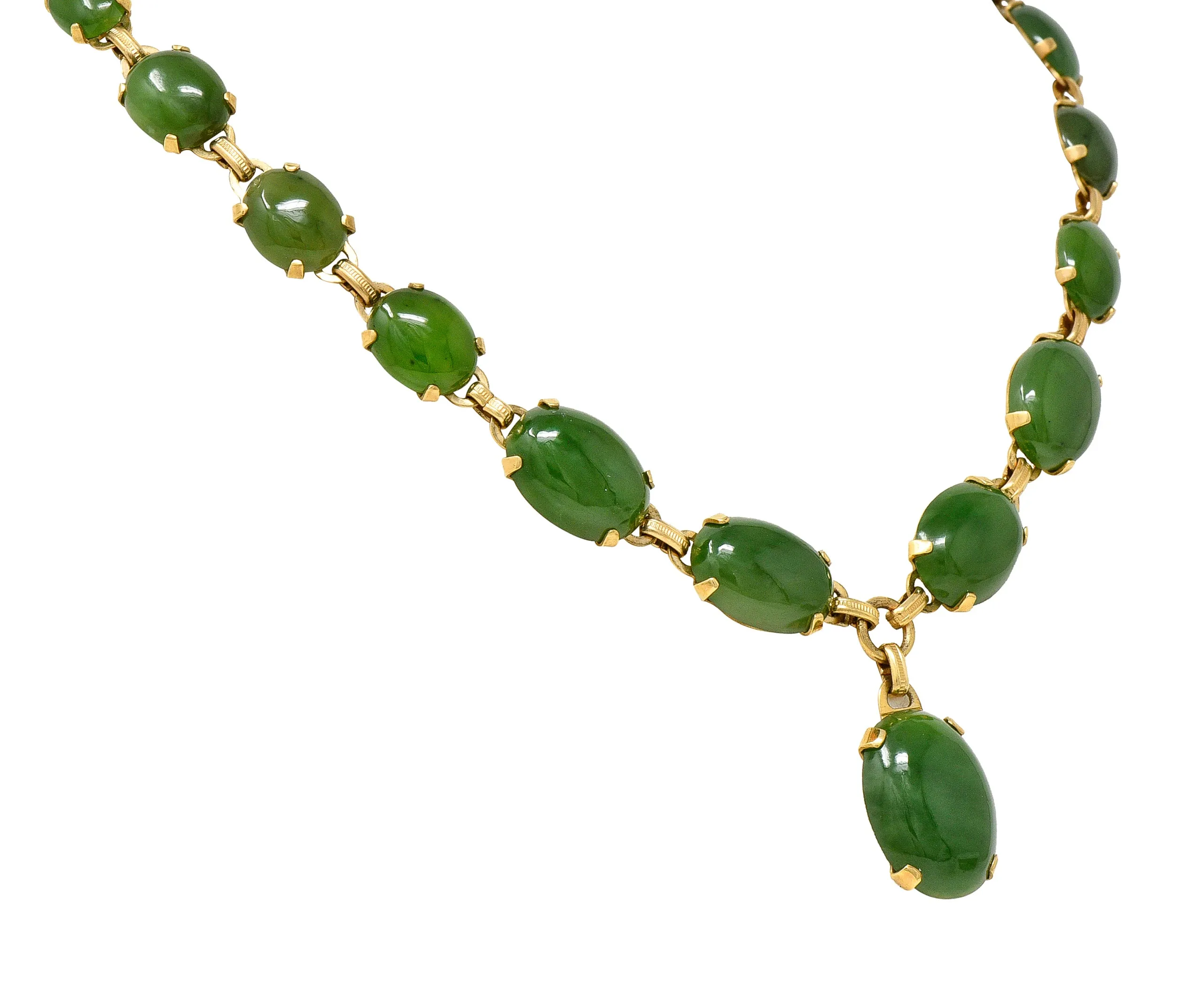 Engel Brothers Art Deco Nephrite Jade 14 Karat Yellow Gold Drop Necklace