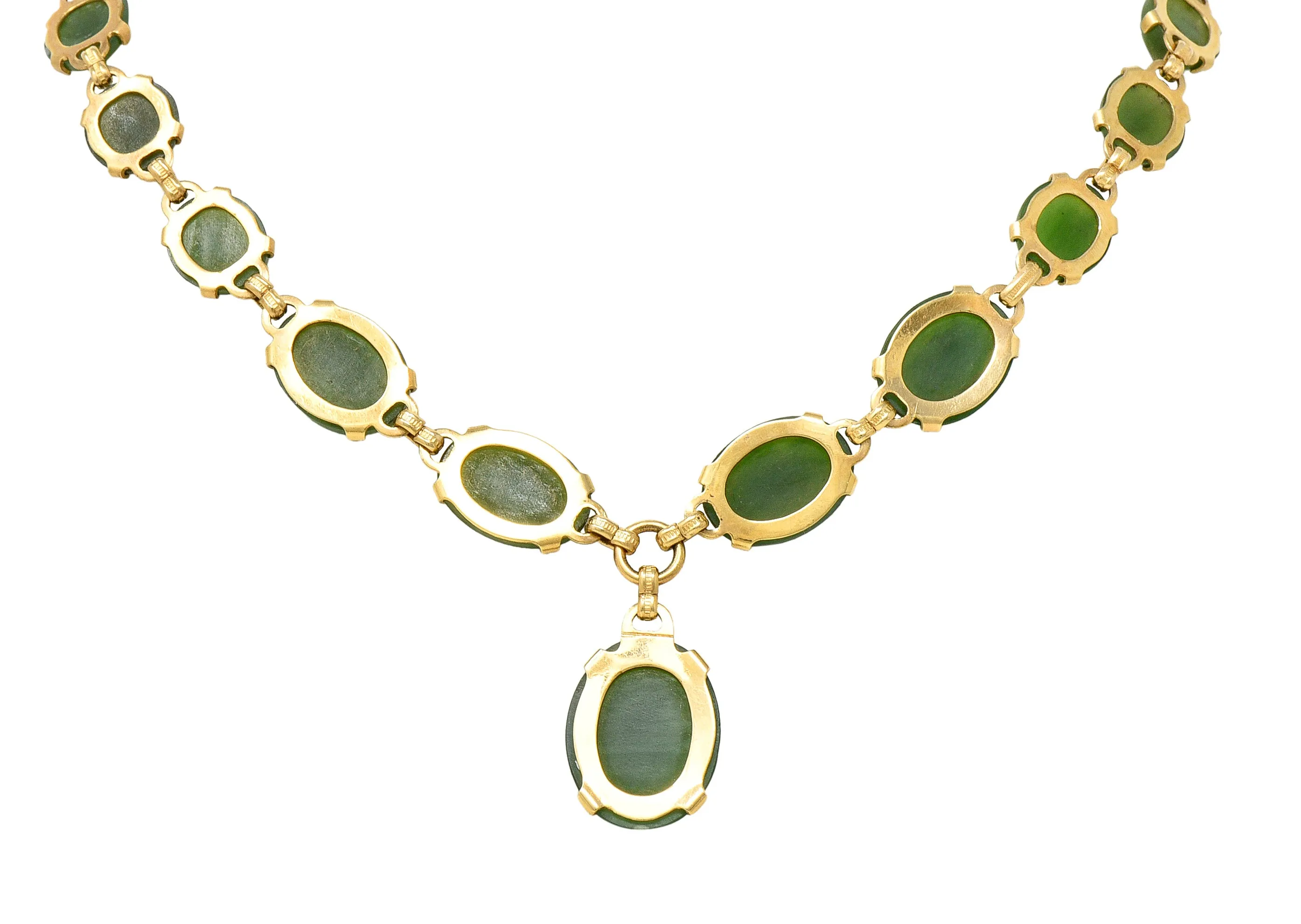 Engel Brothers Art Deco Nephrite Jade 14 Karat Yellow Gold Drop Necklace