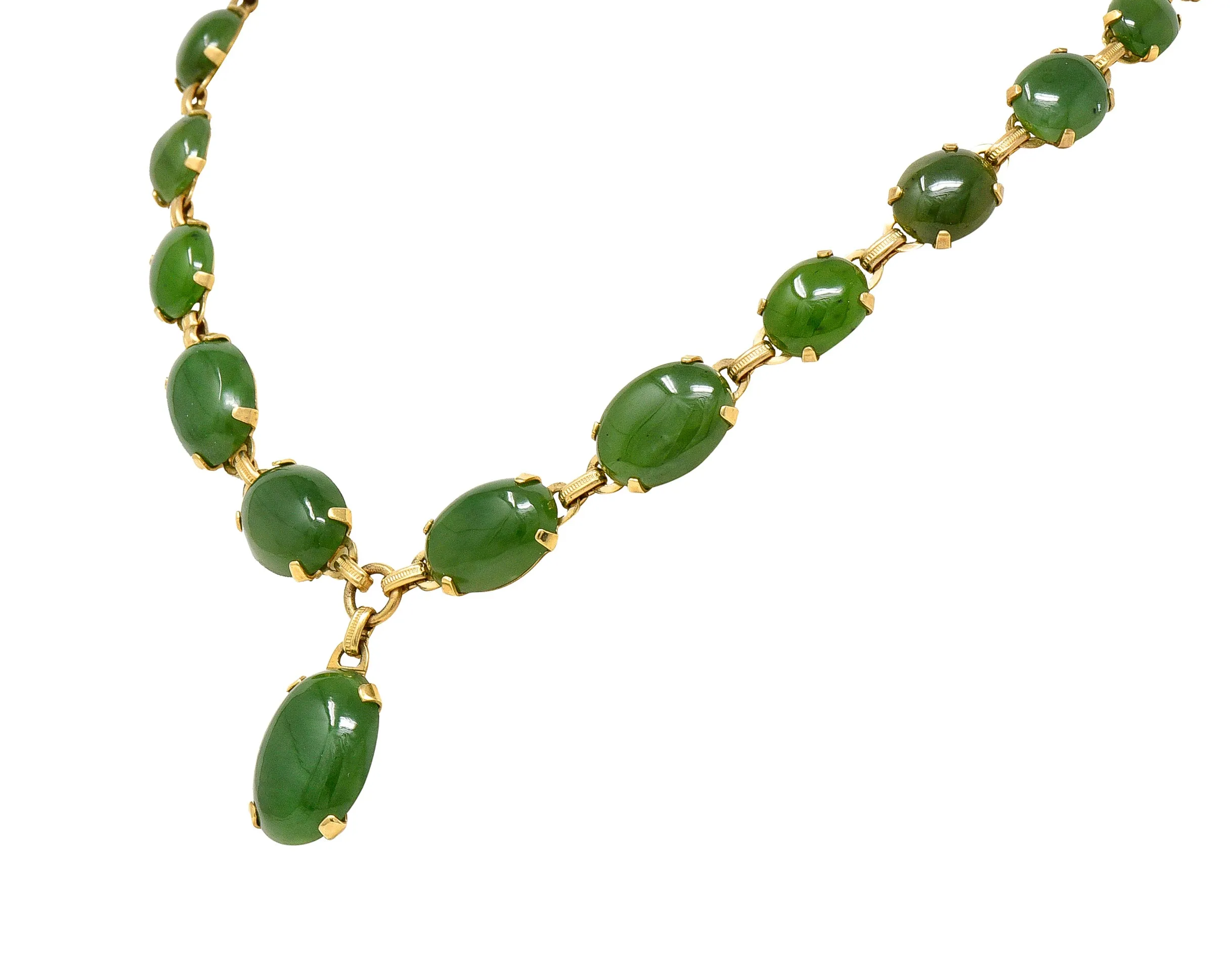 Engel Brothers Art Deco Nephrite Jade 14 Karat Yellow Gold Drop Necklace