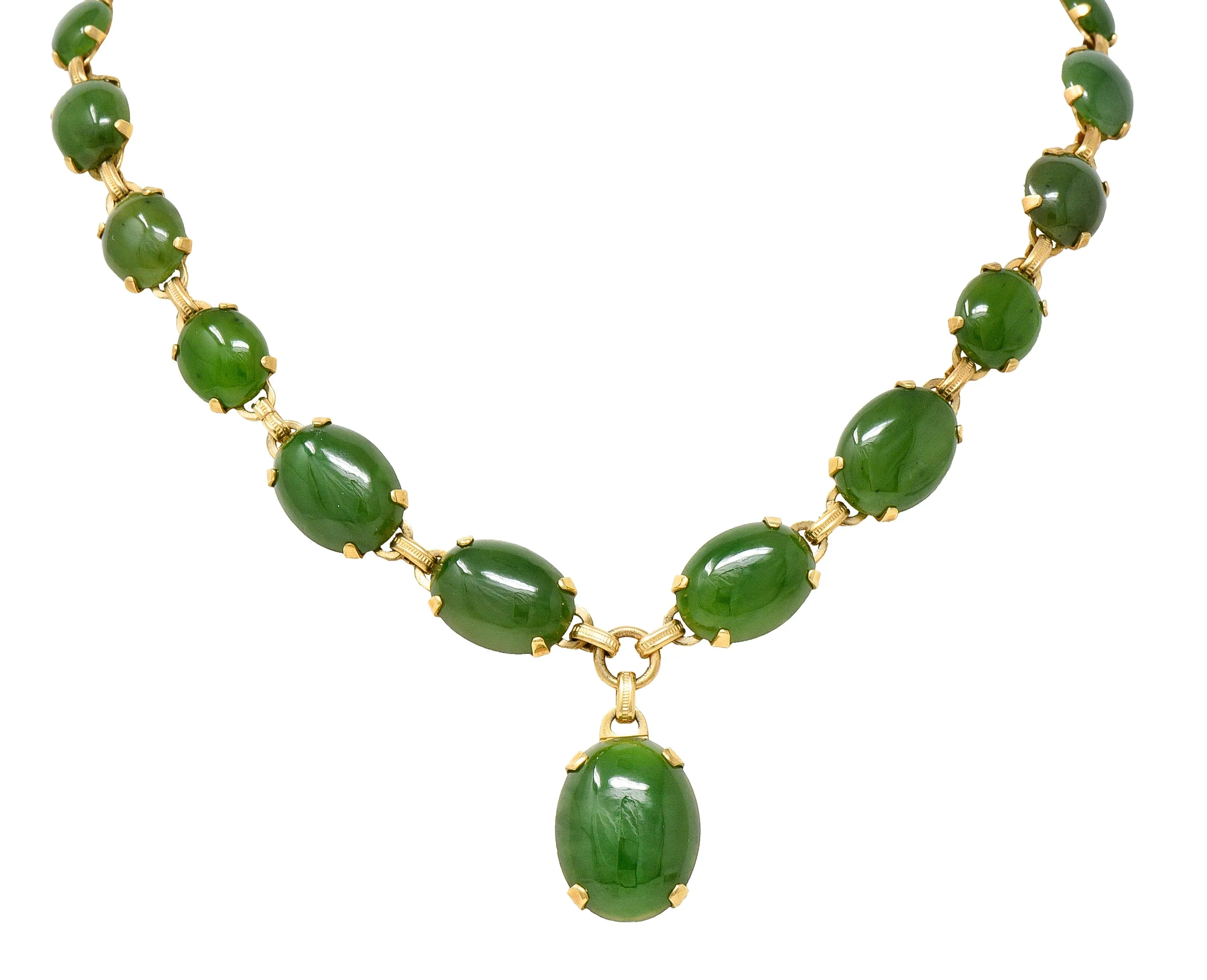 Engel Brothers Art Deco Nephrite Jade 14 Karat Yellow Gold Drop Necklace