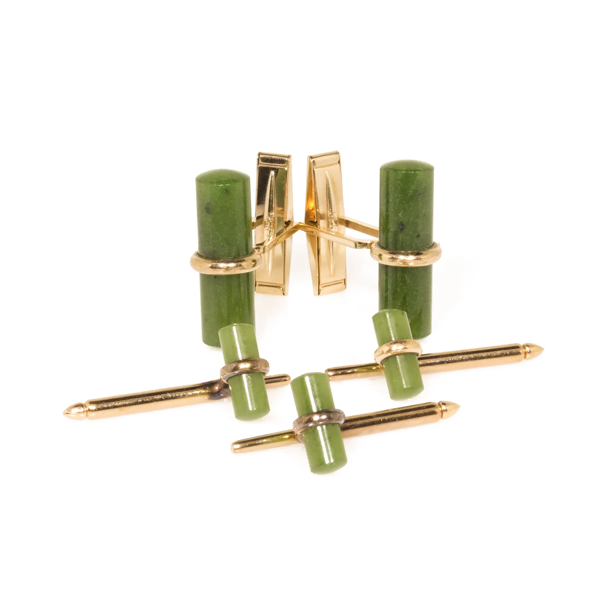 Estate 14K Yellow Gold Nephrite Cufflinks and Shirt Studs Set