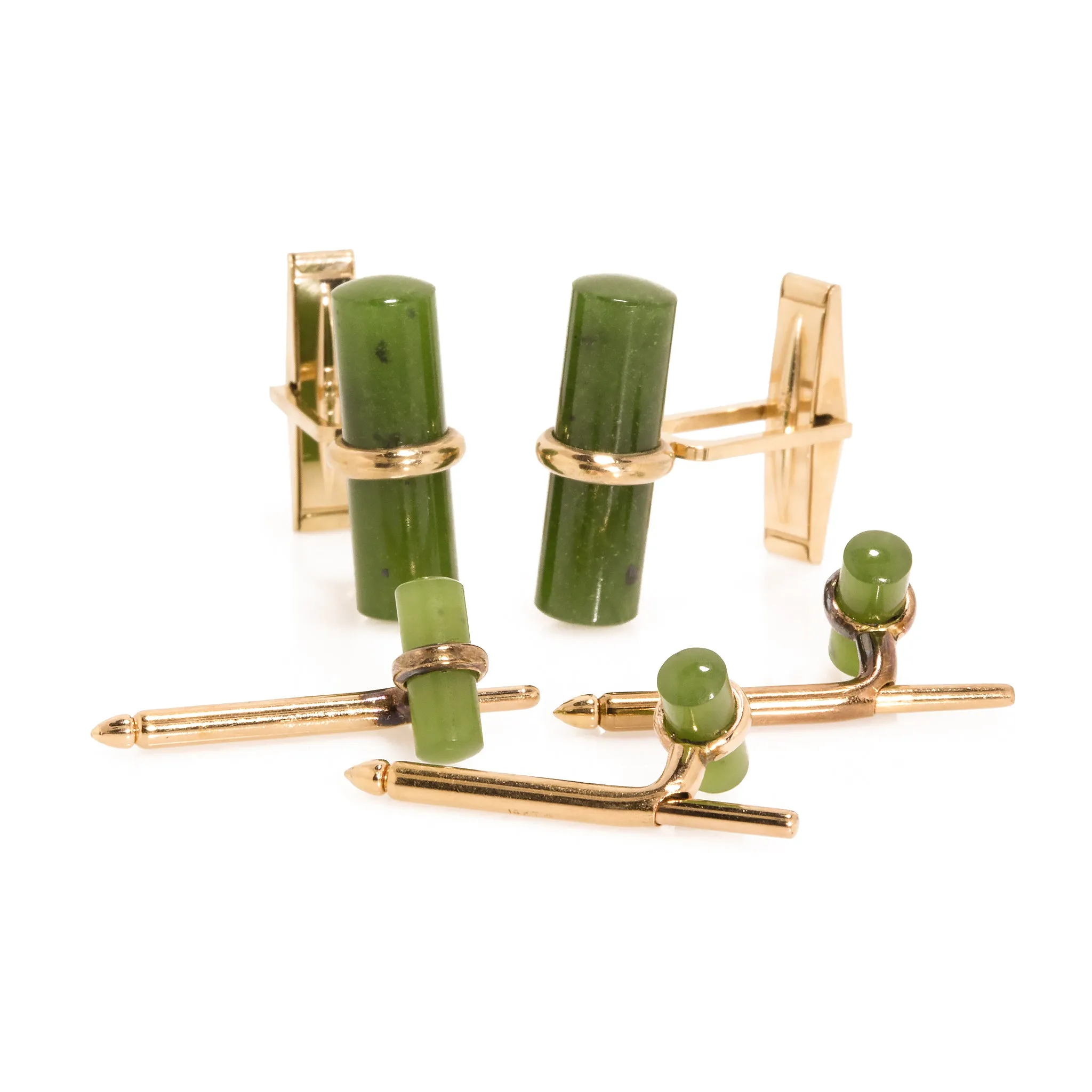 Estate 14K Yellow Gold Nephrite Cufflinks and Shirt Studs Set