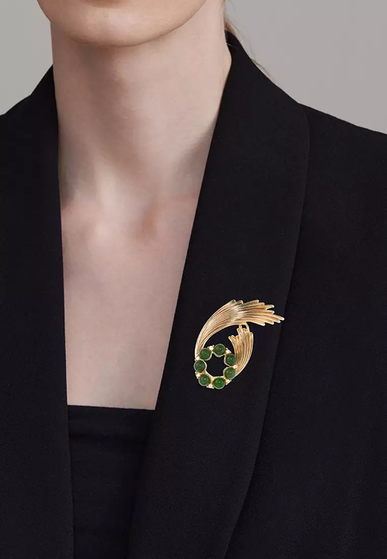 Grossé Grossé Reproduction: gold plating, nephrite, rhinestone brooch GJ30602