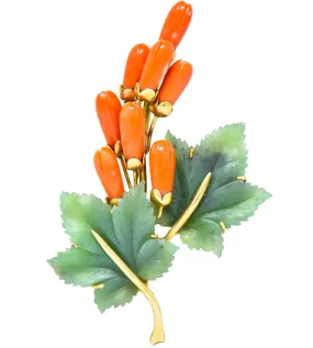 Gumps Vintage Coral Jade 14 Karat Yellow Gold Floral Brooch