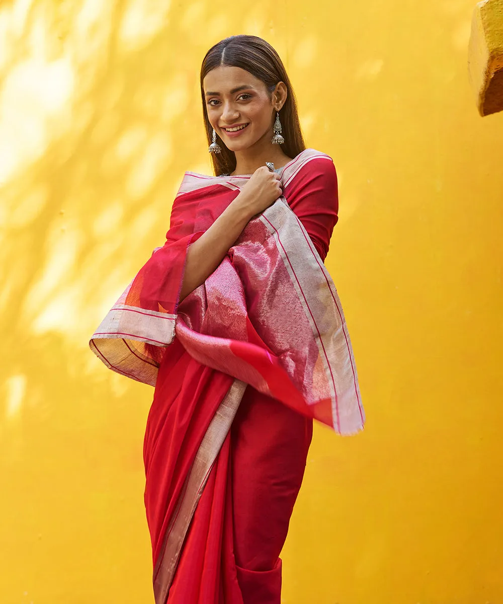 Handloom Pink And Red Dual Tone Pure Cotton Silk Chanderi Saree