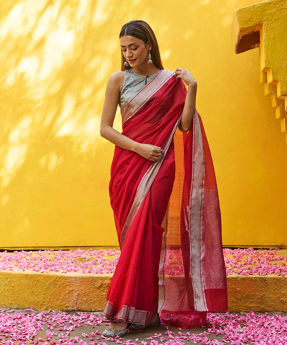 Handloom Pink And Red Dual Tone Pure Cotton Silk Chanderi Saree