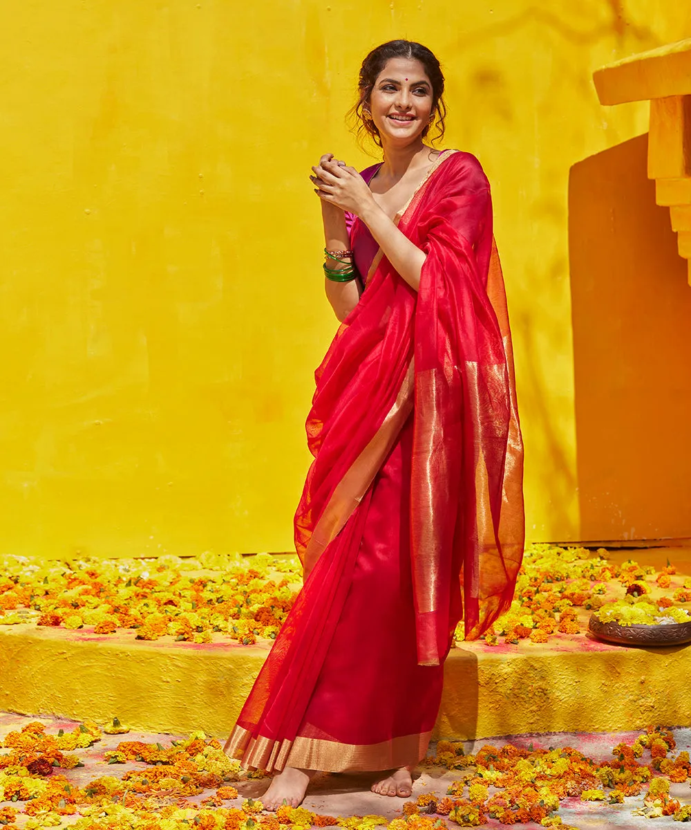 Handloom Red Pure Cotton Silk Chanderi Saree With Gold Zari Border