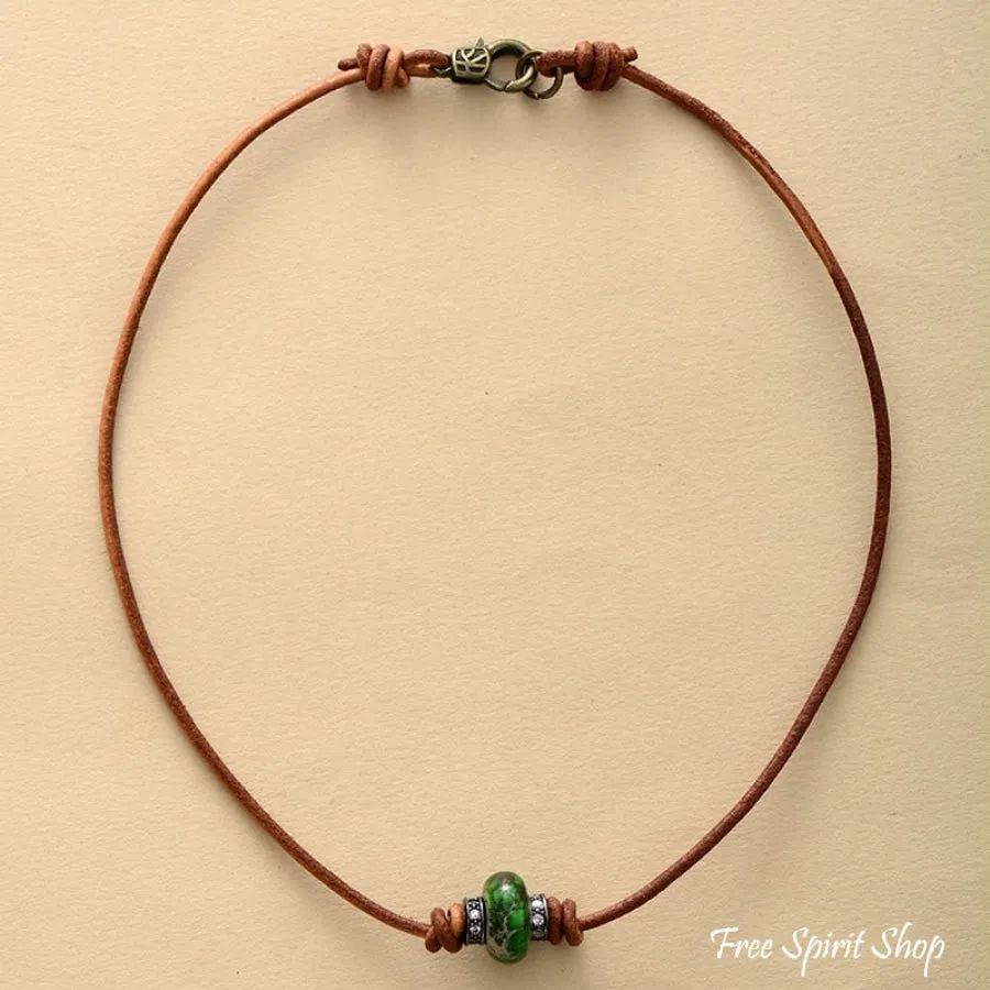 Handmade Emperor Jasper Leather Choker Necklace