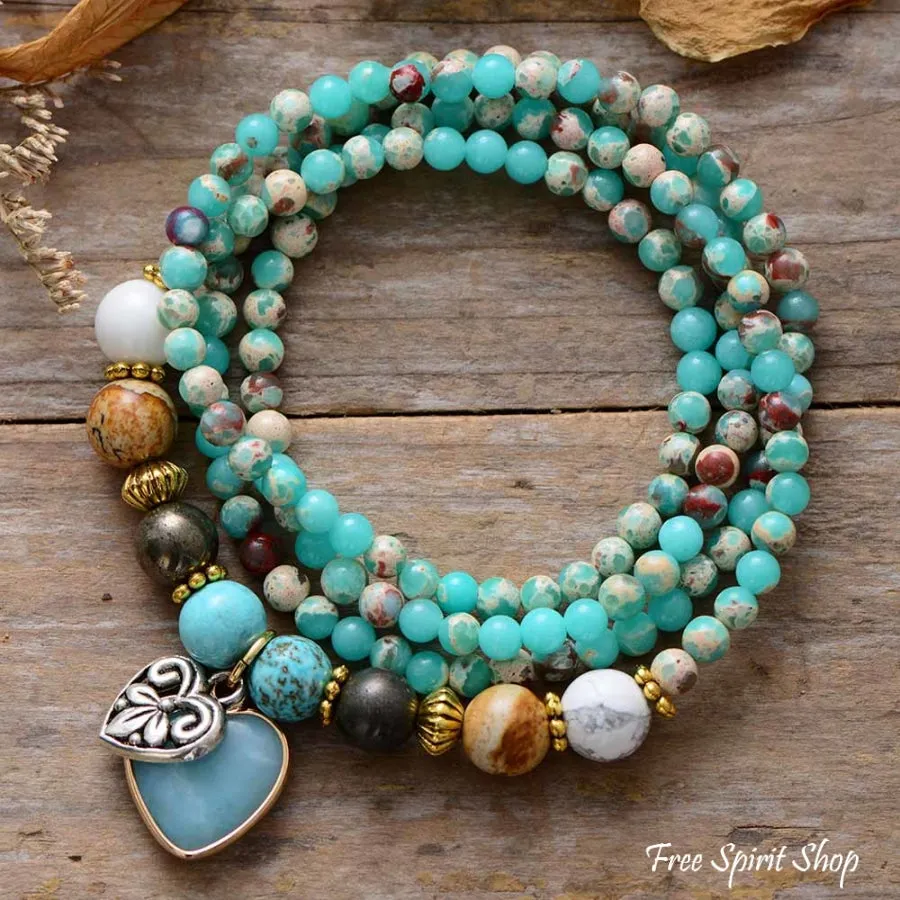 Handmade Mixed Stones & Heart Charm Bead Bracelet / Necklace