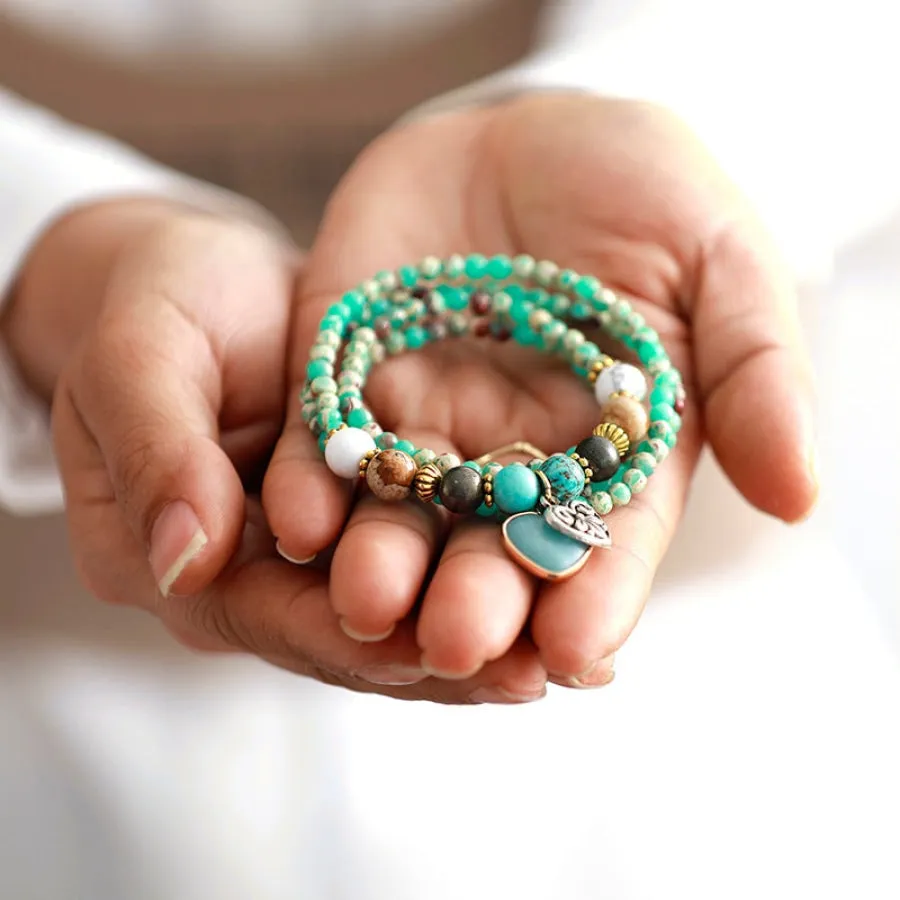 Handmade Mixed Stones & Heart Charm Bead Bracelet / Necklace