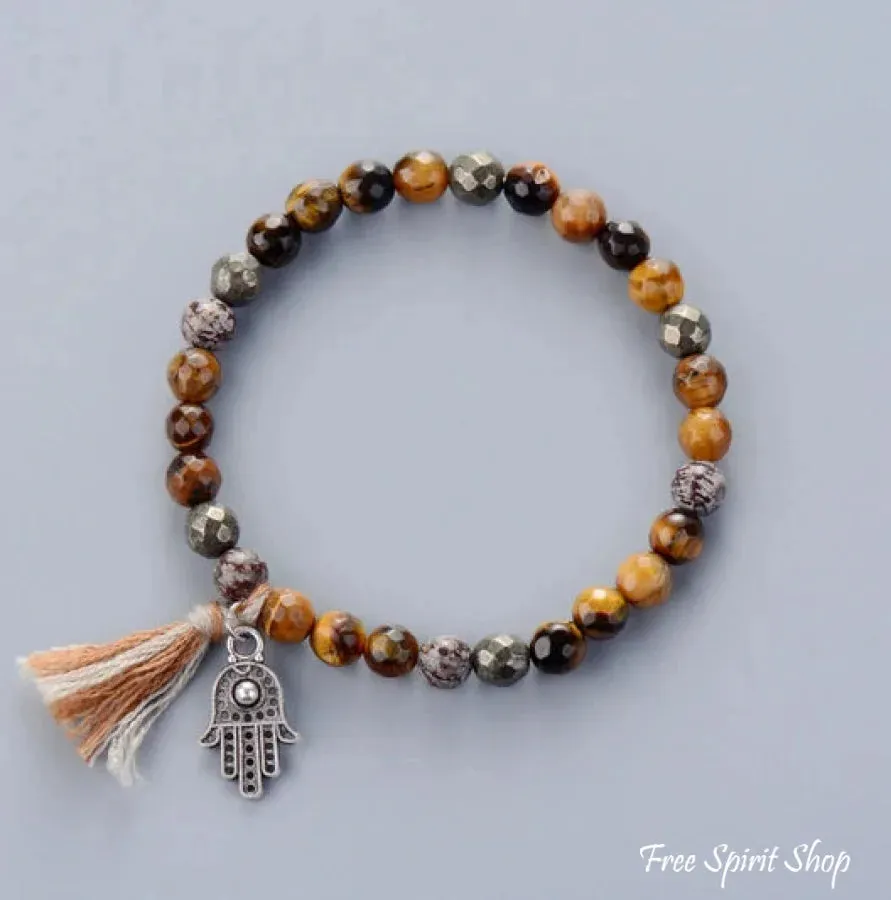 Handmade Natural Semi-Precious Jasper & Pyrite Stones Bracelet with Tassel