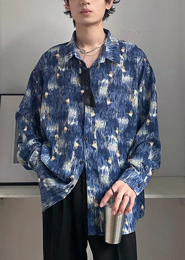 Hong Kong Style Starry Sky Oil Painting Tie Dye Shirt Men's Long Sleeved