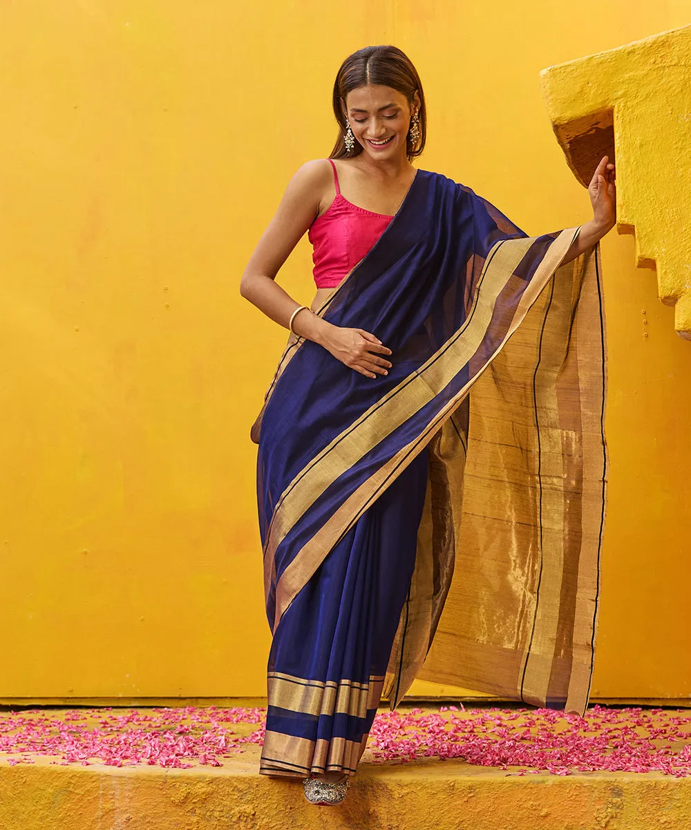 Ink Blue Handloom Pure Cotton Silk Chanderi Saree With Gold And Antique Zari