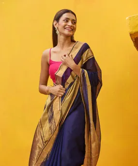 Ink Blue Handloom Pure Cotton Silk Chanderi Saree With Gold And Antique Zari