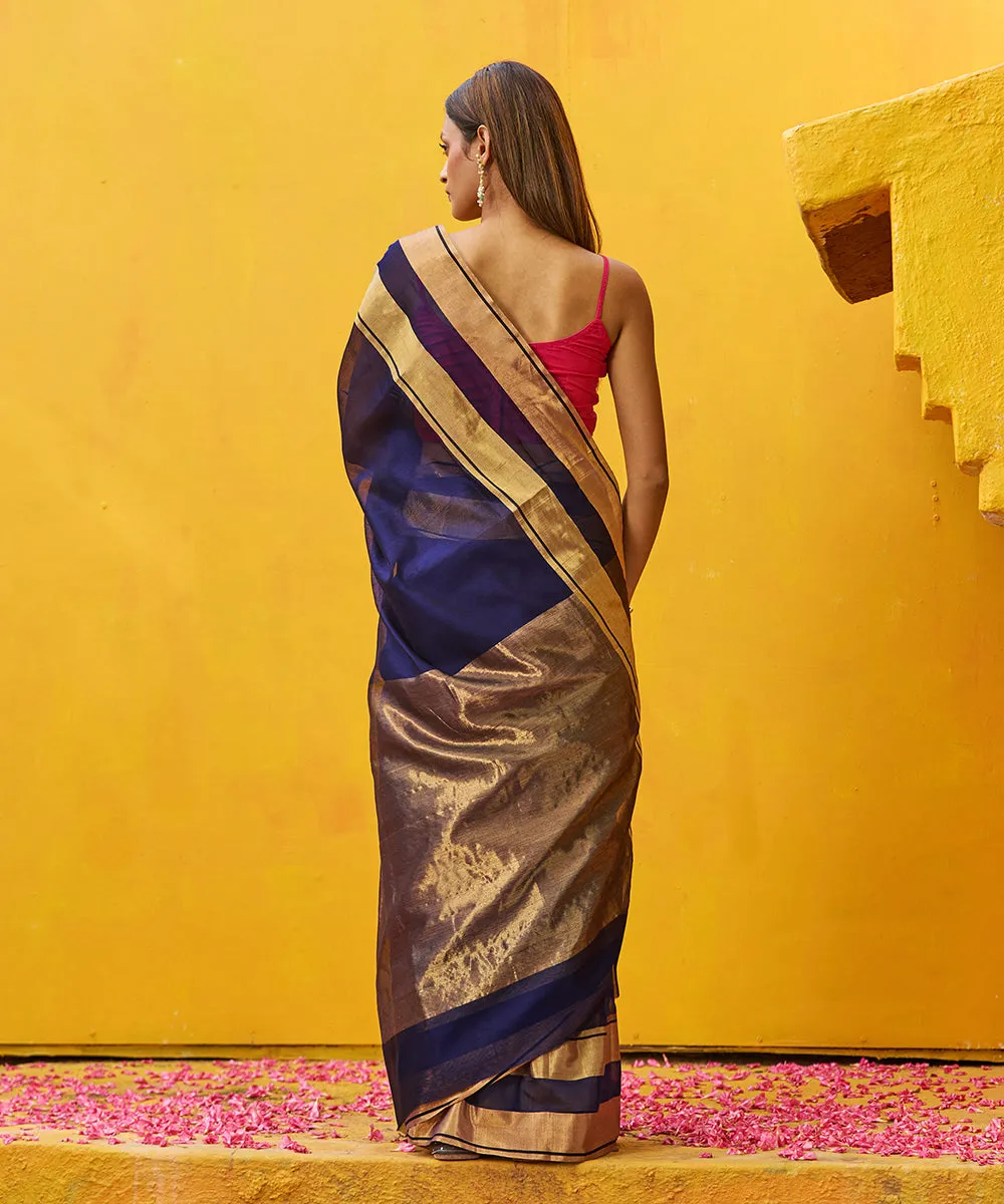 Ink Blue Handloom Pure Cotton Silk Chanderi Saree With Gold And Antique Zari