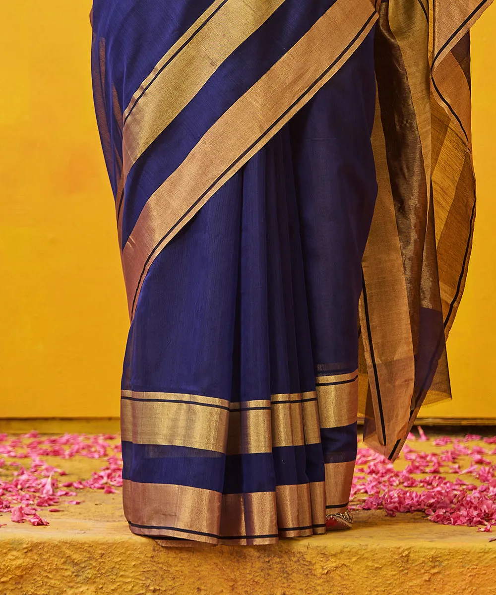 Ink Blue Handloom Pure Cotton Silk Chanderi Saree With Gold And Antique Zari