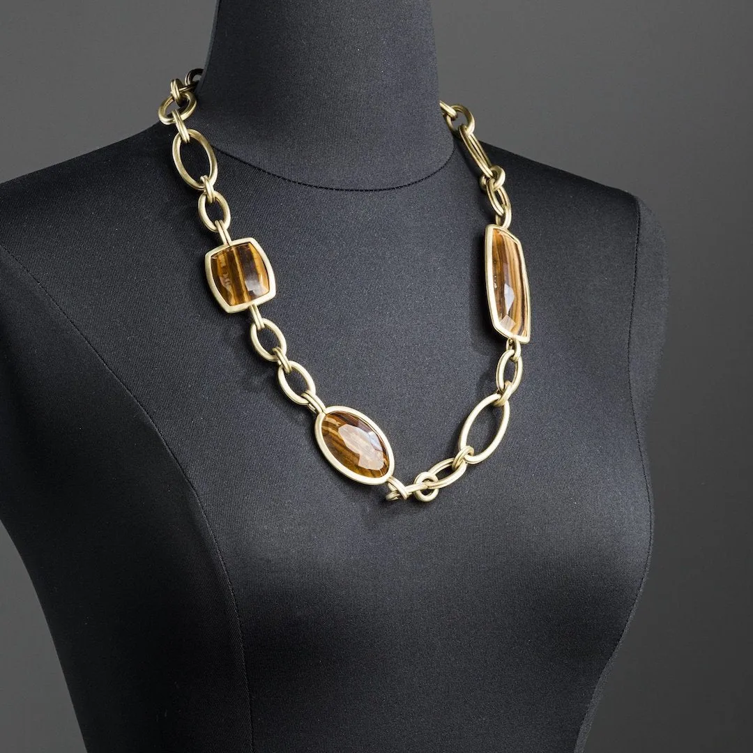 Iron Jasper Chain Link Necklace, Antiqued Brass