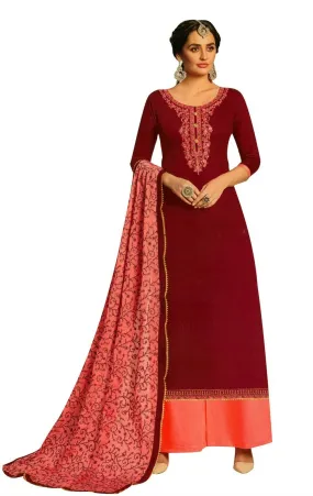 Ladyline Cotton Silk Plain Embroidered Salwar Kameez with Kashmiri Embroidered Dupatta