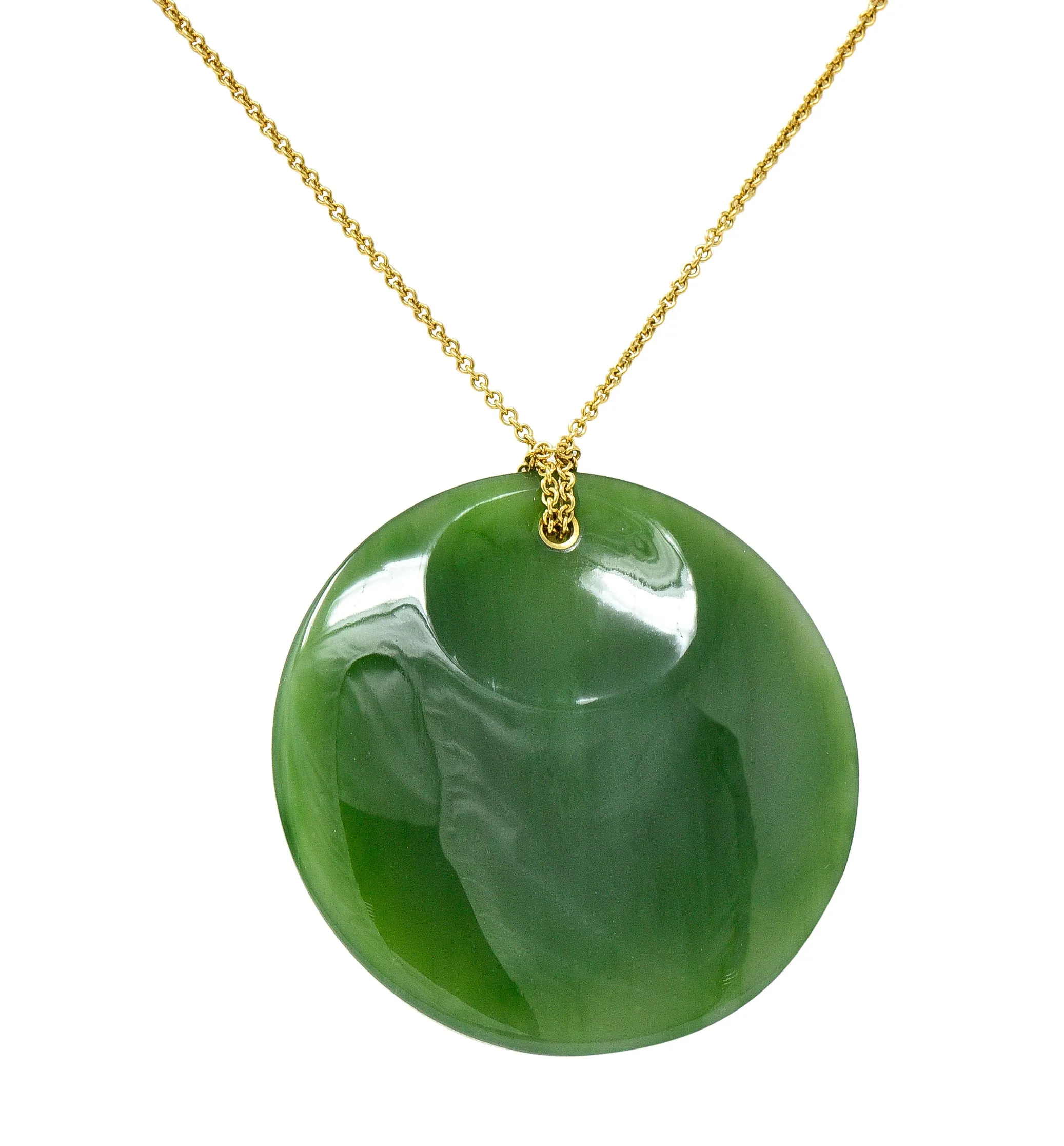 Large Elsa Peretti Tiffany & Co. Nephrite Jade 18 Karat Yellow Gold Vintage Carved Touchstone Pendant Necklace