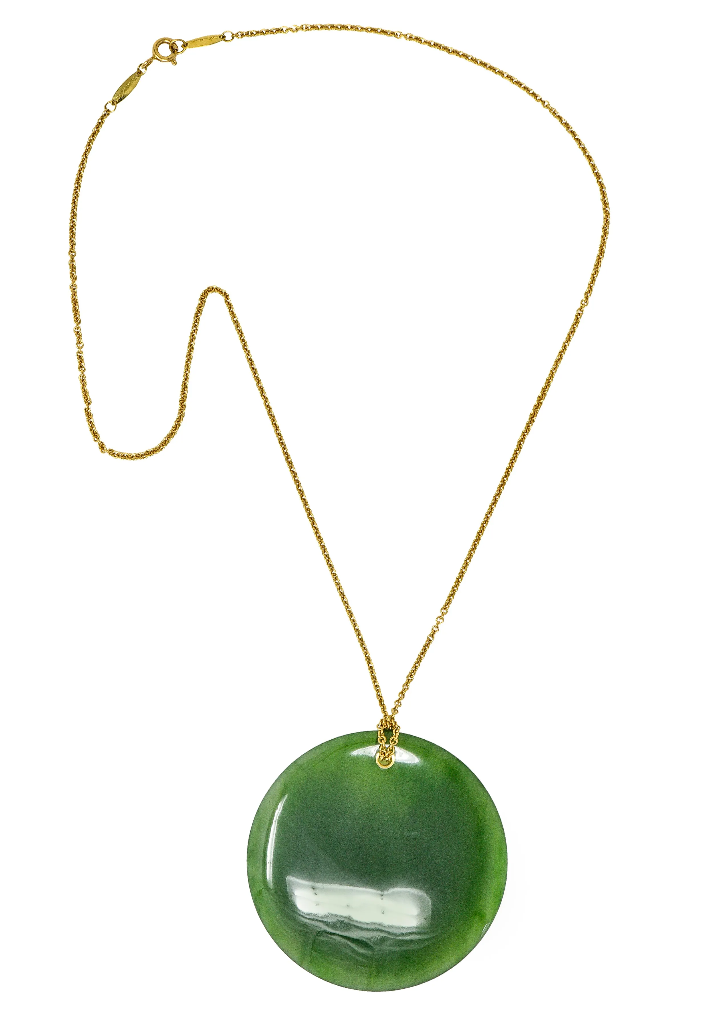 Large Elsa Peretti Tiffany & Co. Nephrite Jade 18 Karat Yellow Gold Vintage Carved Touchstone Pendant Necklace