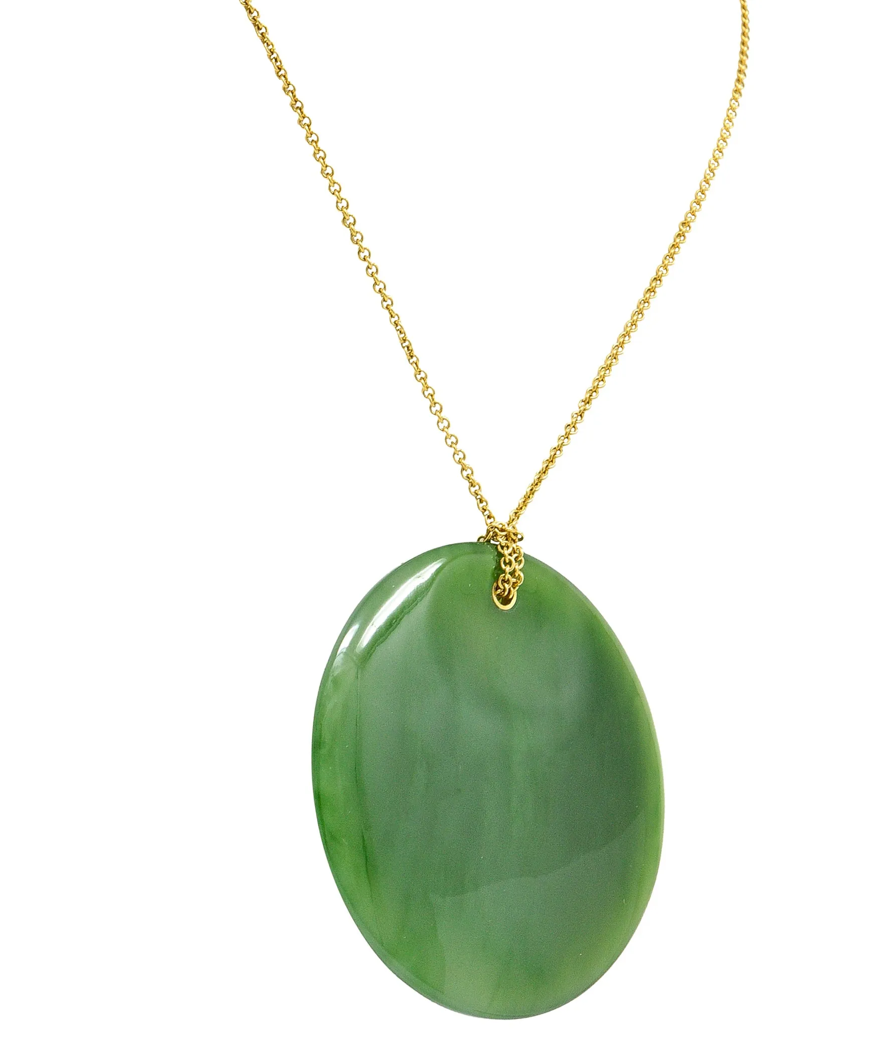 Large Elsa Peretti Tiffany & Co. Nephrite Jade 18 Karat Yellow Gold Vintage Carved Touchstone Pendant Necklace