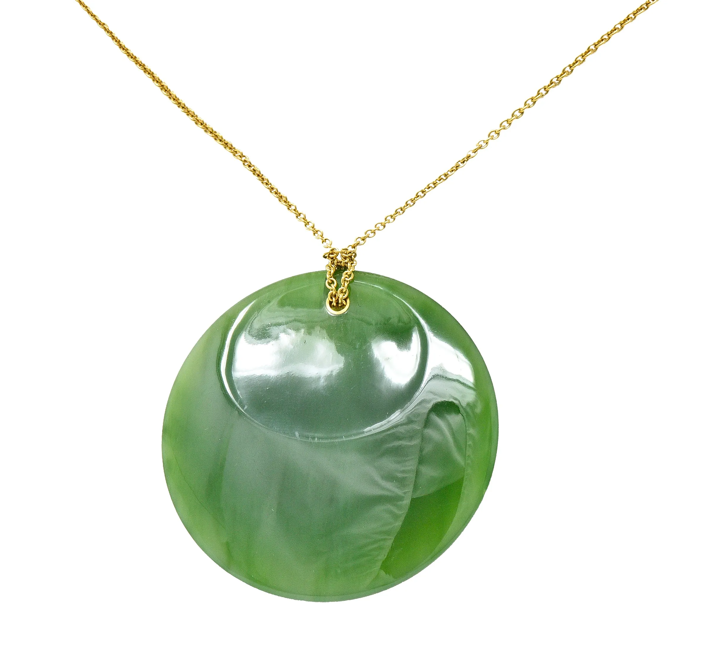 Large Elsa Peretti Tiffany & Co. Nephrite Jade 18 Karat Yellow Gold Vintage Carved Touchstone Pendant Necklace