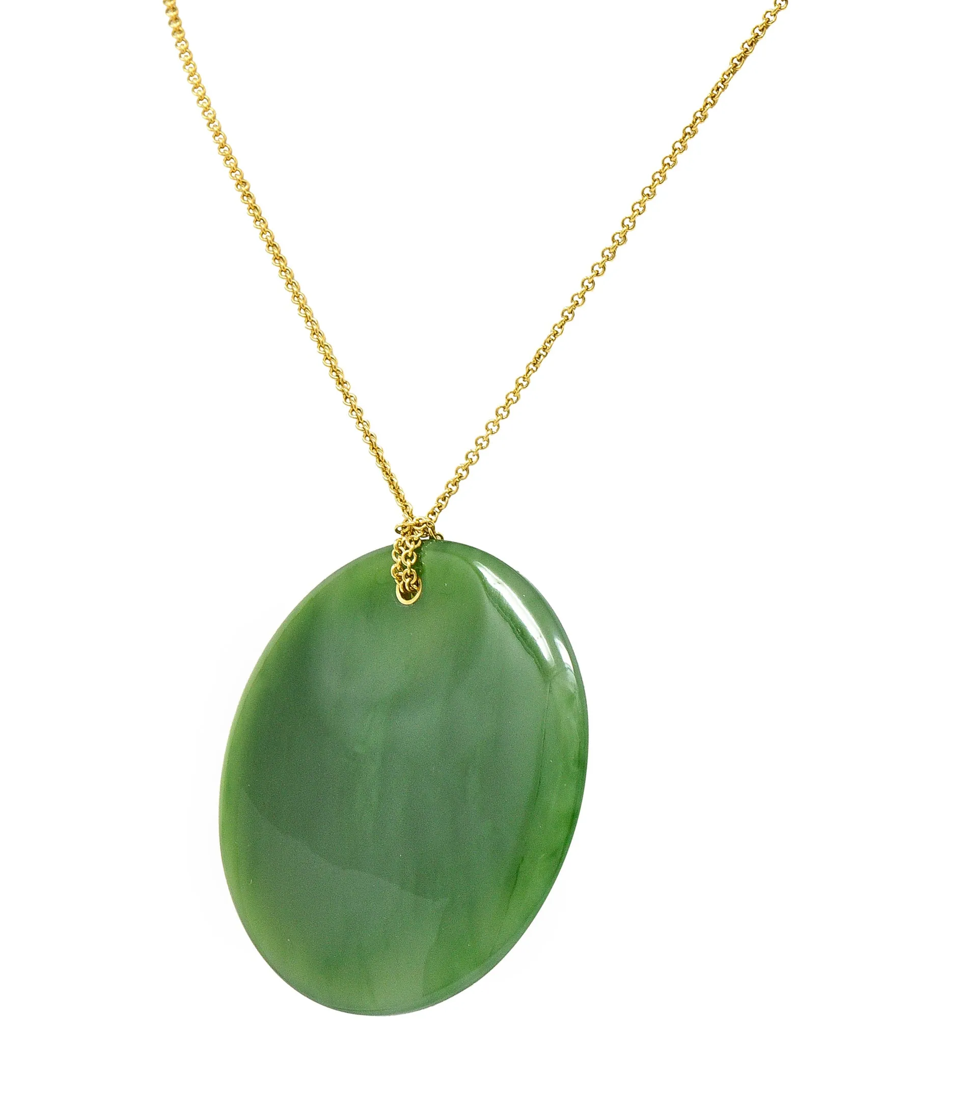 Large Elsa Peretti Tiffany & Co. Nephrite Jade 18 Karat Yellow Gold Vintage Carved Touchstone Pendant Necklace