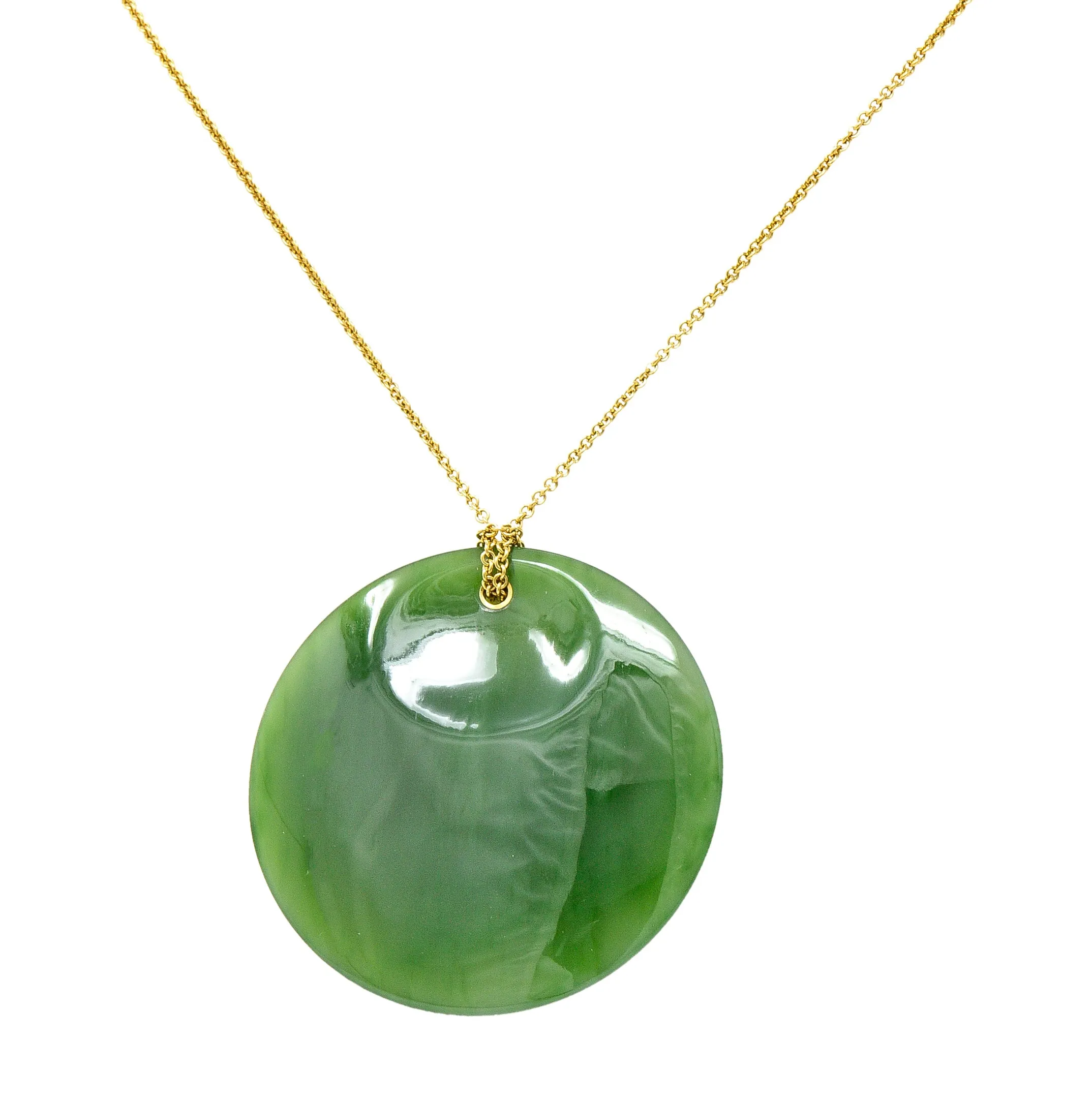 Large Elsa Peretti Tiffany & Co. Nephrite Jade 18 Karat Yellow Gold Vintage Carved Touchstone Pendant Necklace