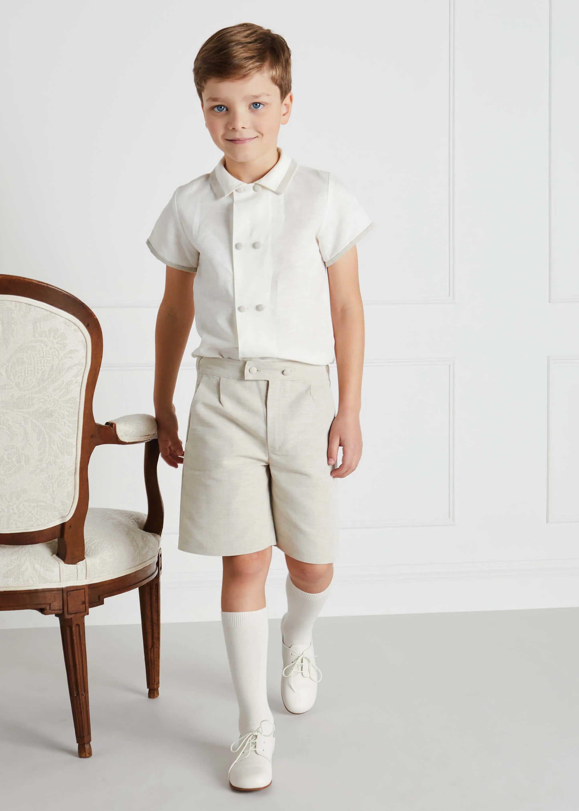 Linen Boys Celebration Shirt White with Beige Piping (4-10yrs)