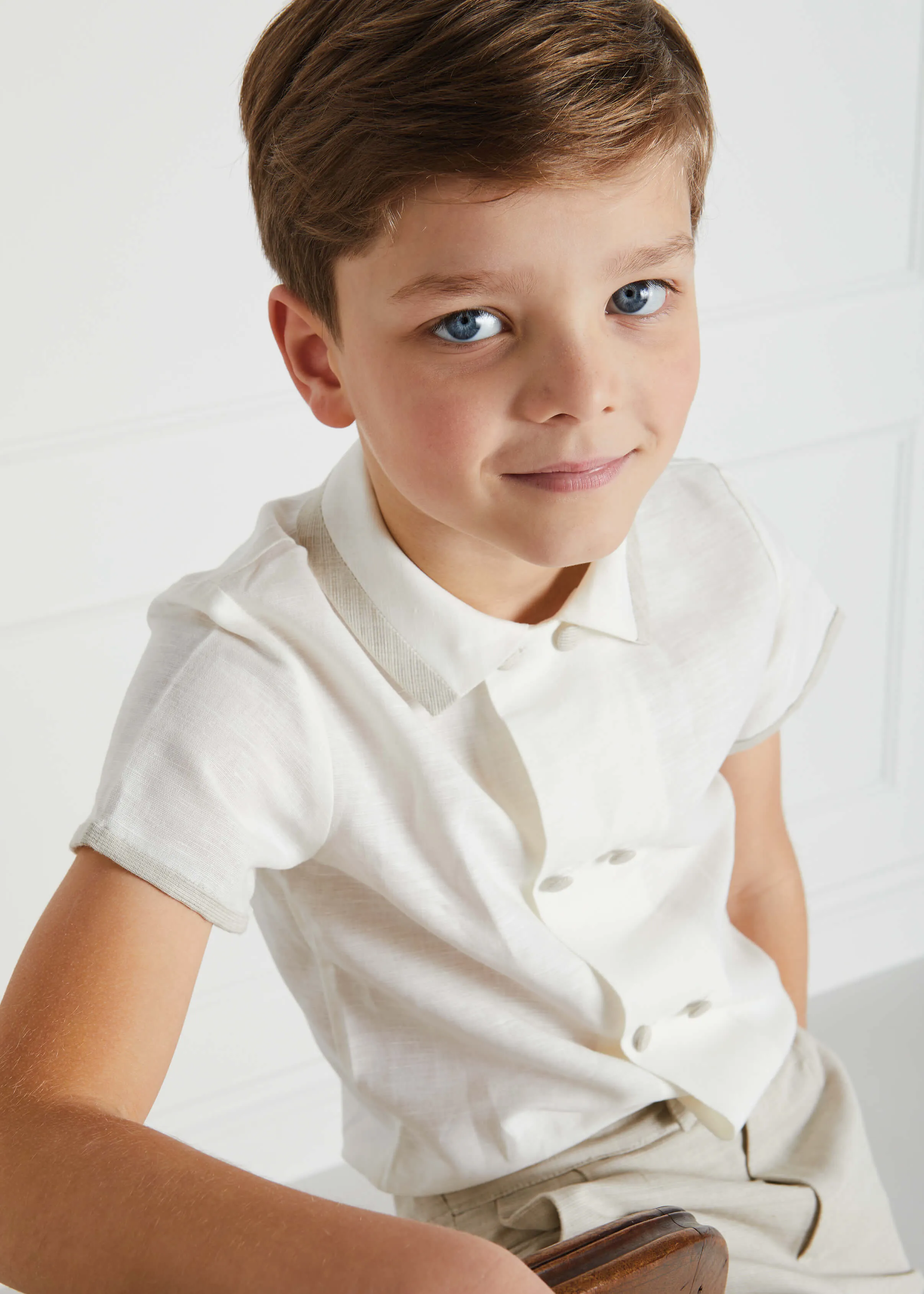 Linen Boys Celebration Shirt White with Beige Piping (4-10yrs)