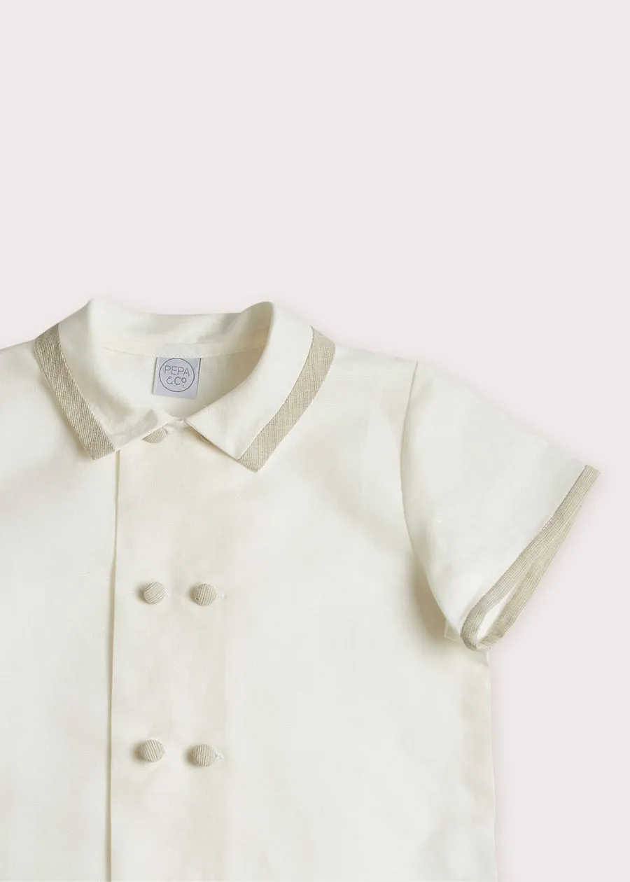 Linen Boys Celebration Shirt White with Beige Piping (4-10yrs)