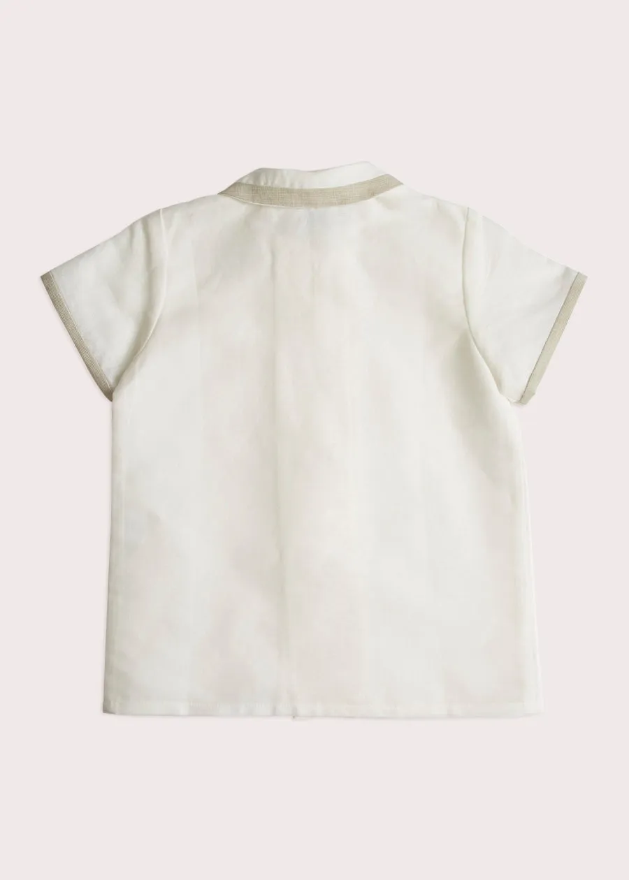 Linen Boys Celebration Shirt White with Beige Piping (4-10yrs)